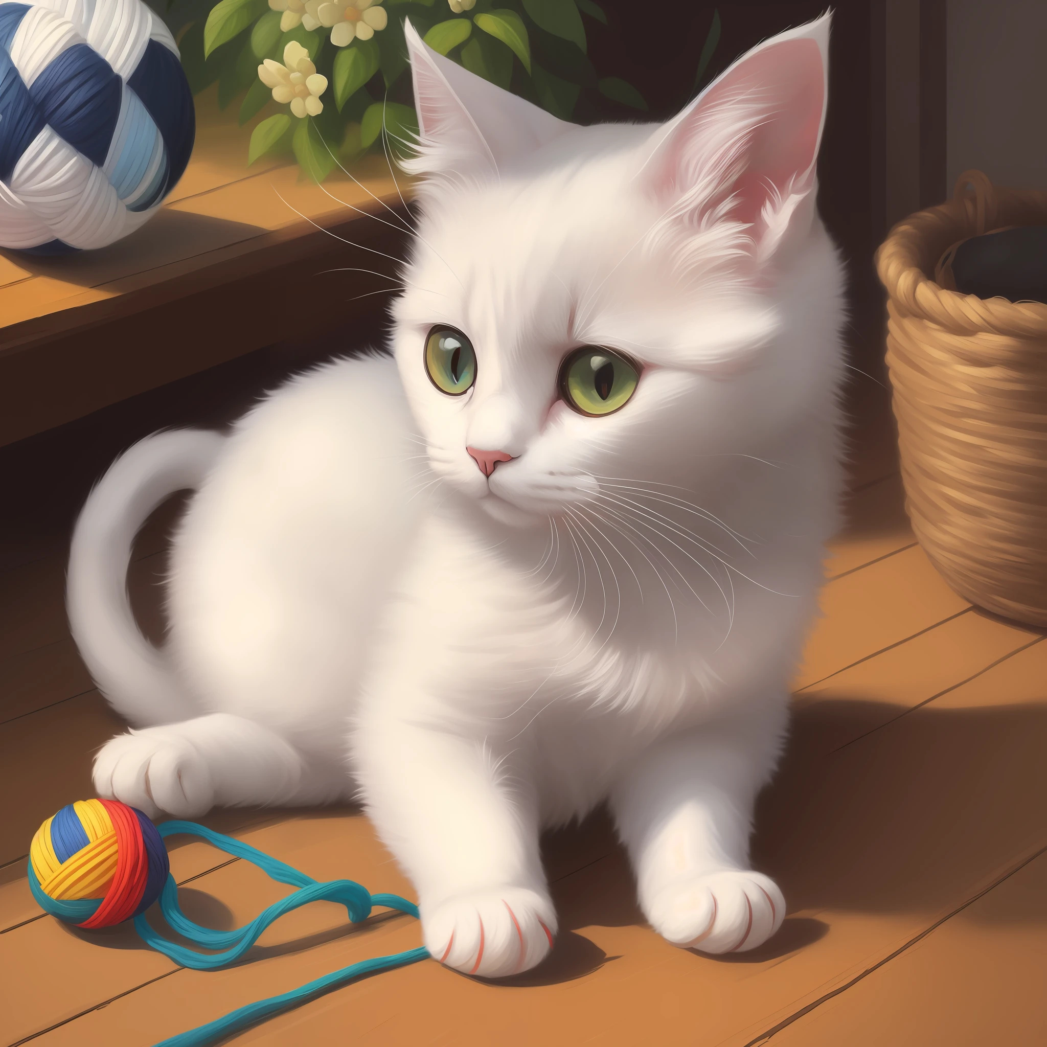 (extremely detailed oil painting aesthetic):(adorable+playful,small white cat with black patches of fur), playing with a small ball of colorful yarn, basking in bright sunlight, enjoying the warm temperature.