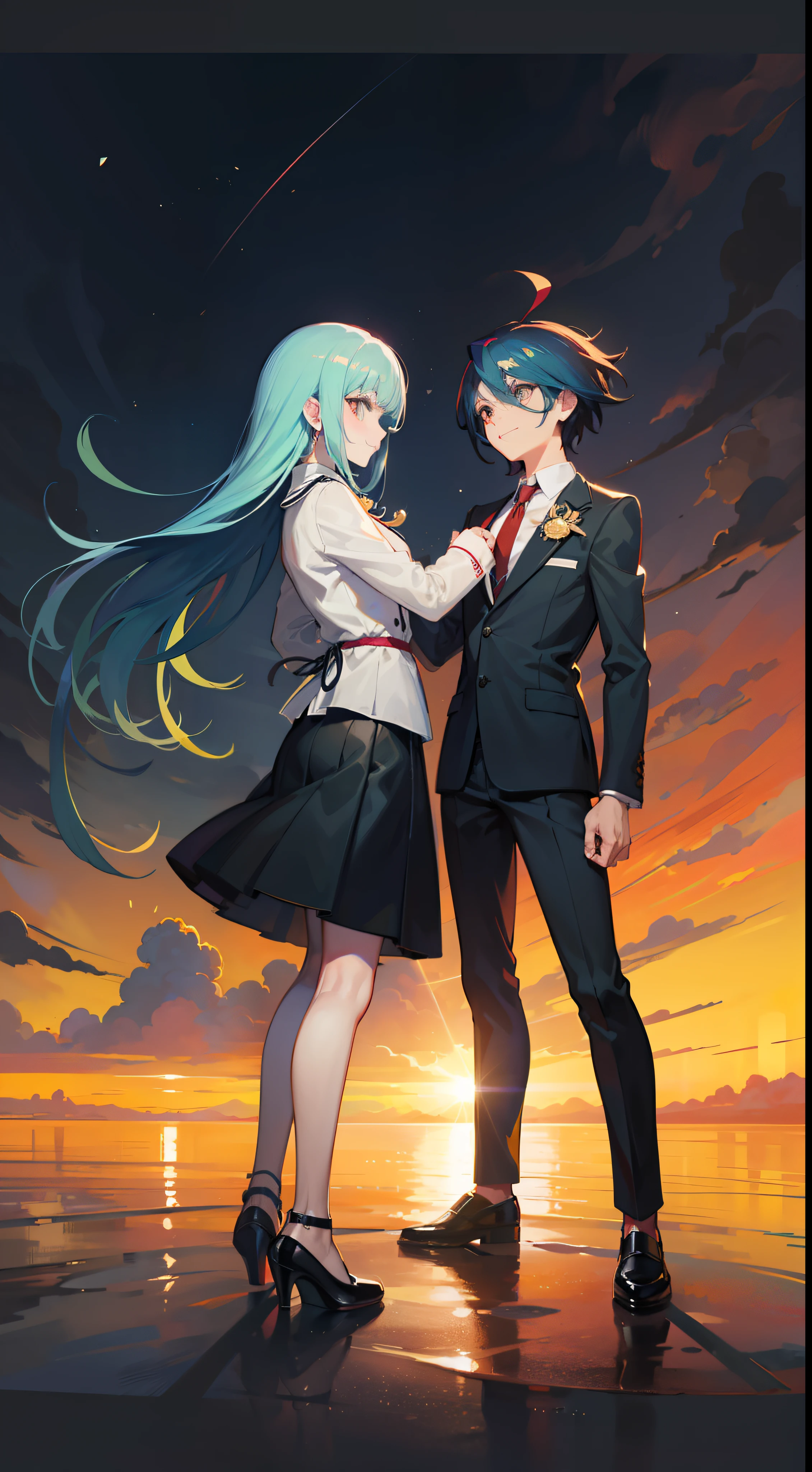 Two anime characters in business clothes standing in the middle of the screen,face to face,Smile and shake hands,Black shoes,concept art by Kamisaka Sekka, Pisif, Sots Art, ace attorney style, rimuru and milim, puce and vermillion, offcial art, vermillion and cyan, digital art from danganronpa, Medium shots of the character, clean backdrop,official character art