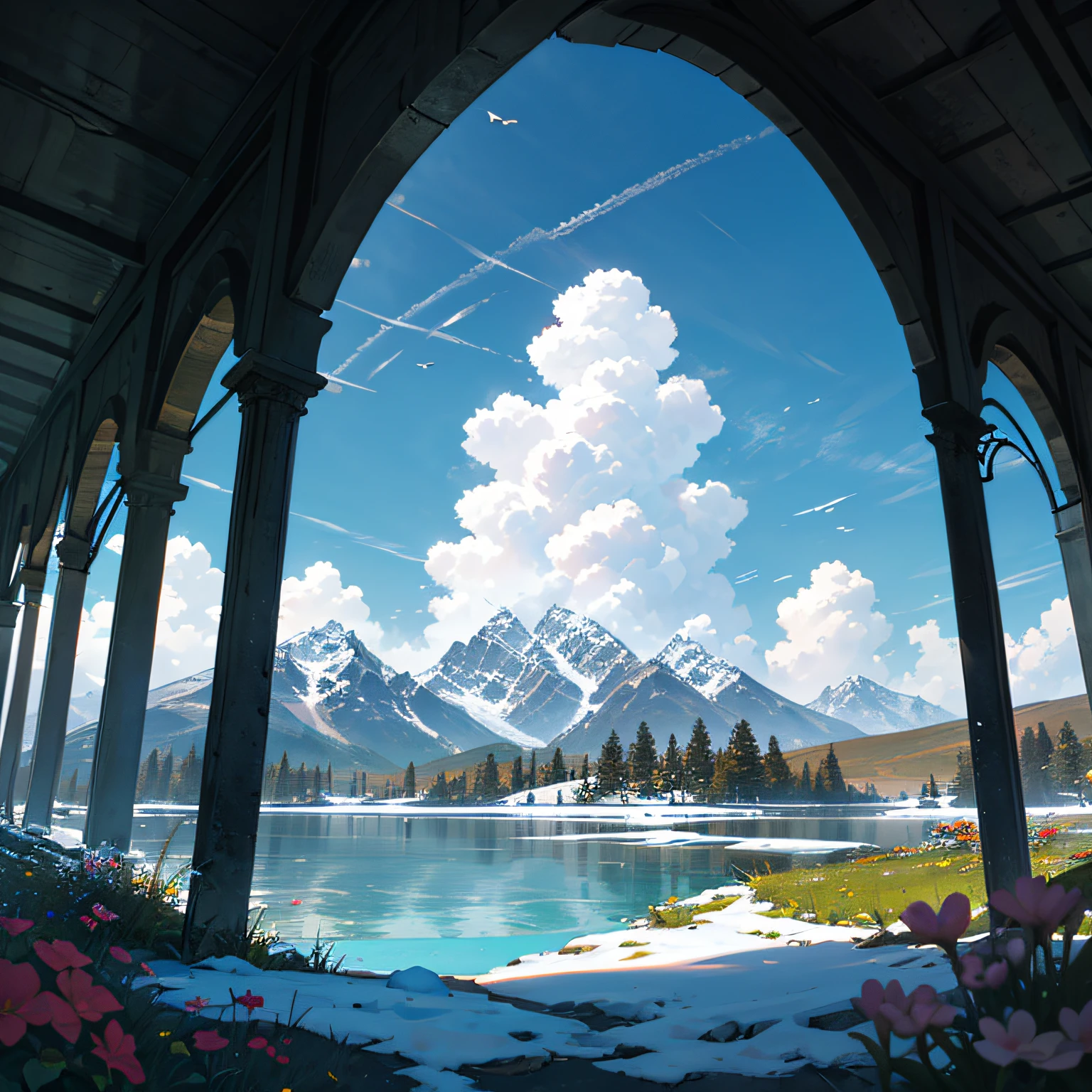 Summer, meadows, a few small flowers, clear lakes, sheep, heaven, large clouds, blue sky, hot weather, HD detail, hyper-detail, cinematic, surrealism, soft light, deep field focus bokeh, distant vistas are snowy mountains, ray tracing, and surrealism. --auto --v6