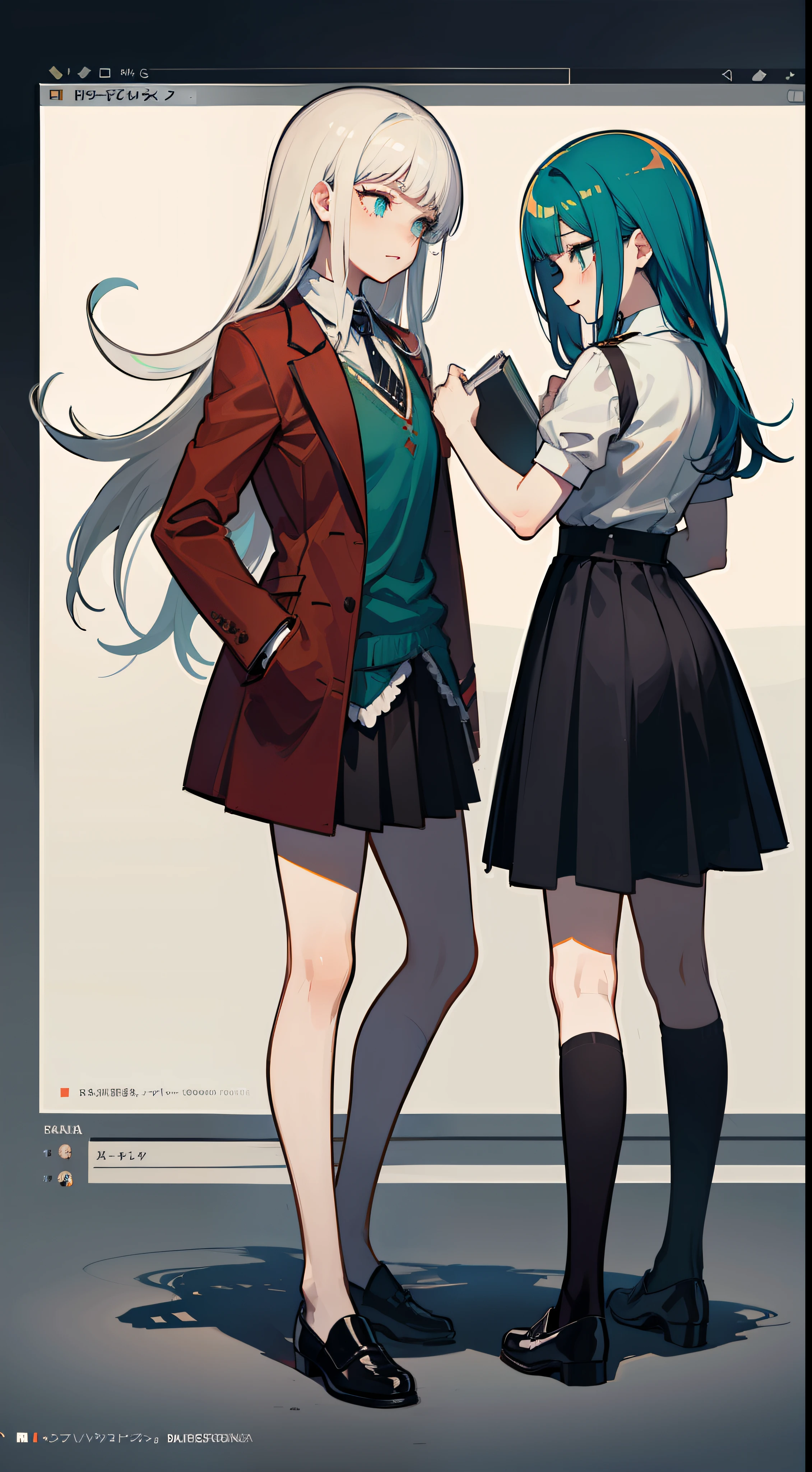 Two anime characters in business clothes standing in the middle of the screen,face to face，Grab a book together，Black shoes，concept art by Kamisaka Sekka, Pisif, Sots Art, ace attorney style, rimuru and milim, puce and vermillion, offcial art, vermillion and cyan, digital art from danganronpa, Medium shots of the character, clean backdrop，official character art