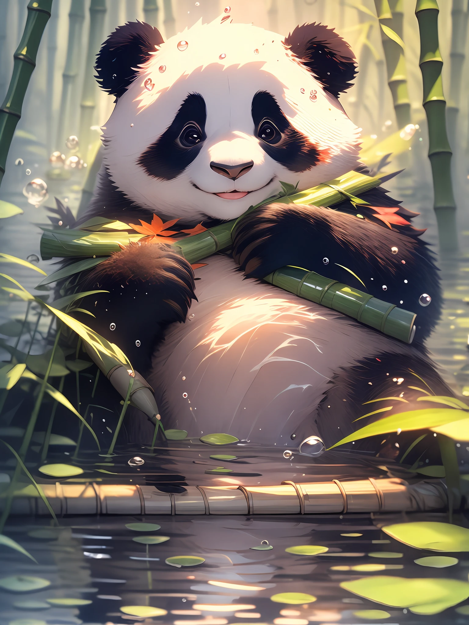 1 Cute panda，closeup of face，portraitures，hairy pubic，leafs，No Man，Sit on the water's edge，Bamboo in his left hand，Feet bent and soaked under water，water bubbles，Buble，higher details，Rich in color，adorable smile，最好质量，8K，high saturated