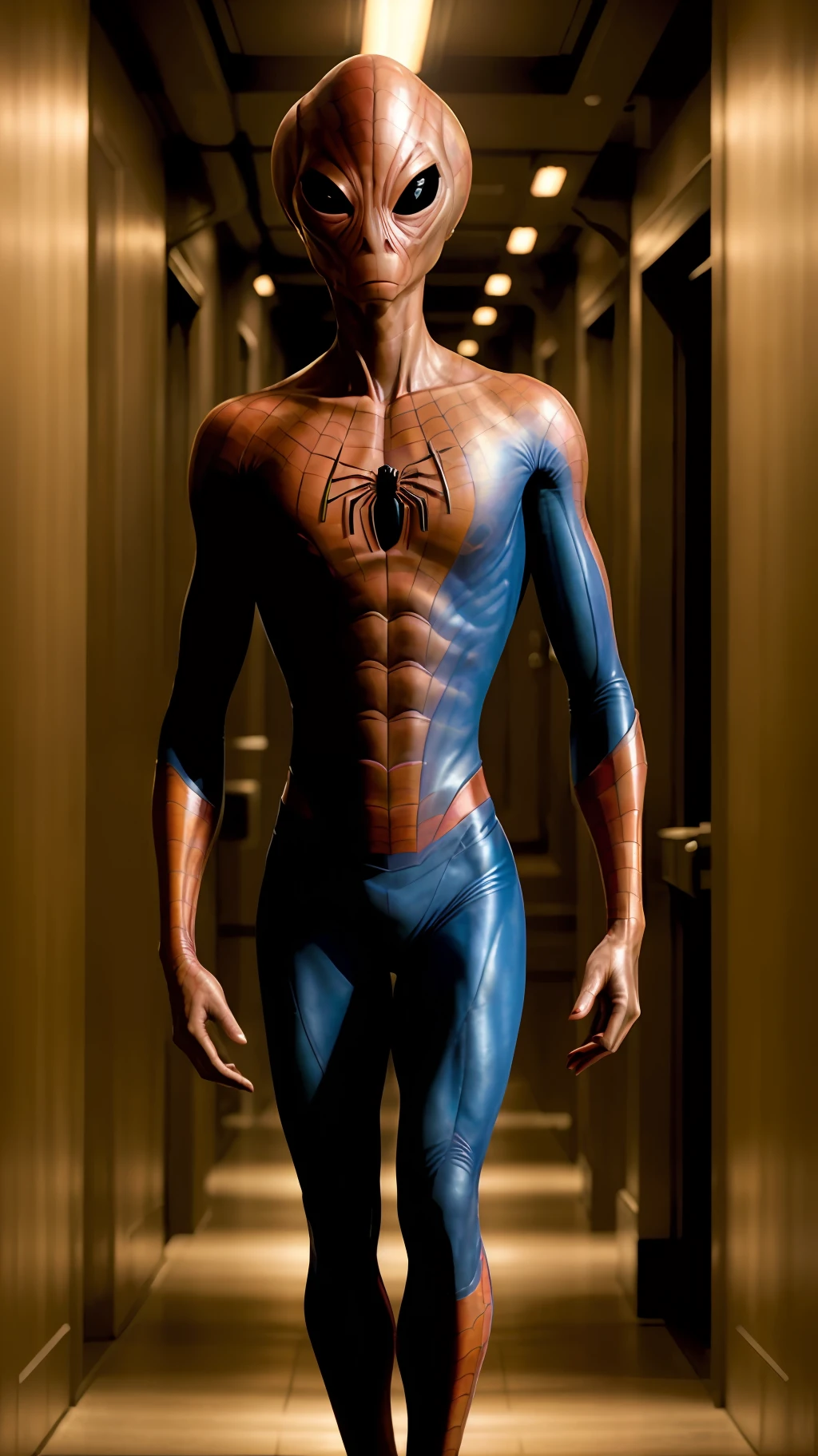 photography of an alien sgasgard spiderman portrait, realistic, movie scene, cinematic, dramatic light, back light, standing in a corridor