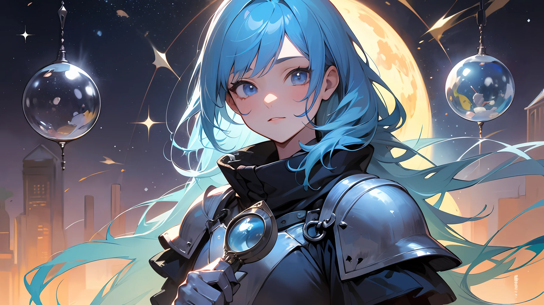Top quality, detail, 8K, 4K, high resolution, Detailed, blue-haired knight girl, Upper body is shown, With a magnifying glass, In the universe, ((A few girls, a few boys)), characters of various colors, (Fantasy world), Winter nights,