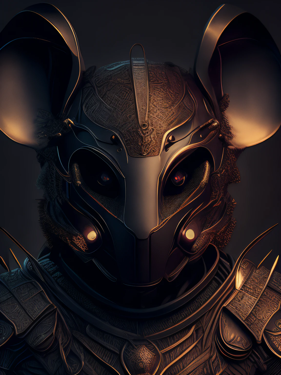 (Realistic:1.3), poster for,Intricate details, ((Cinematic light)), mouse,blend,hyperealistics, Scary, Dark fantasy \(Style\), Detailed armor, Detailed helmet