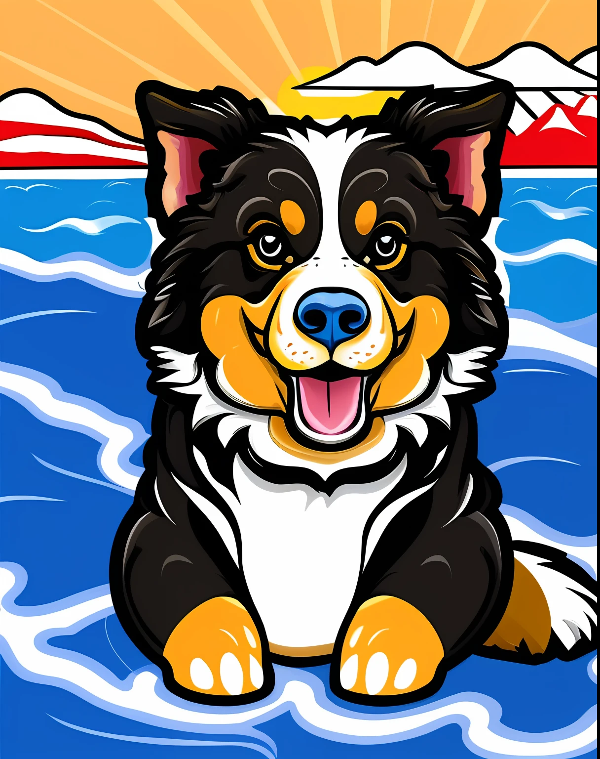 Vector-art of an (Australian Shepherd: 1.3), loyal, happy, intelligent, lively, devoted, expressive, energetic, playful, quick, strongwilled, good-natured, curly tail, pointed ears, fluffy fur, sandy coat, blue eyes, running on a beach, sunset background.