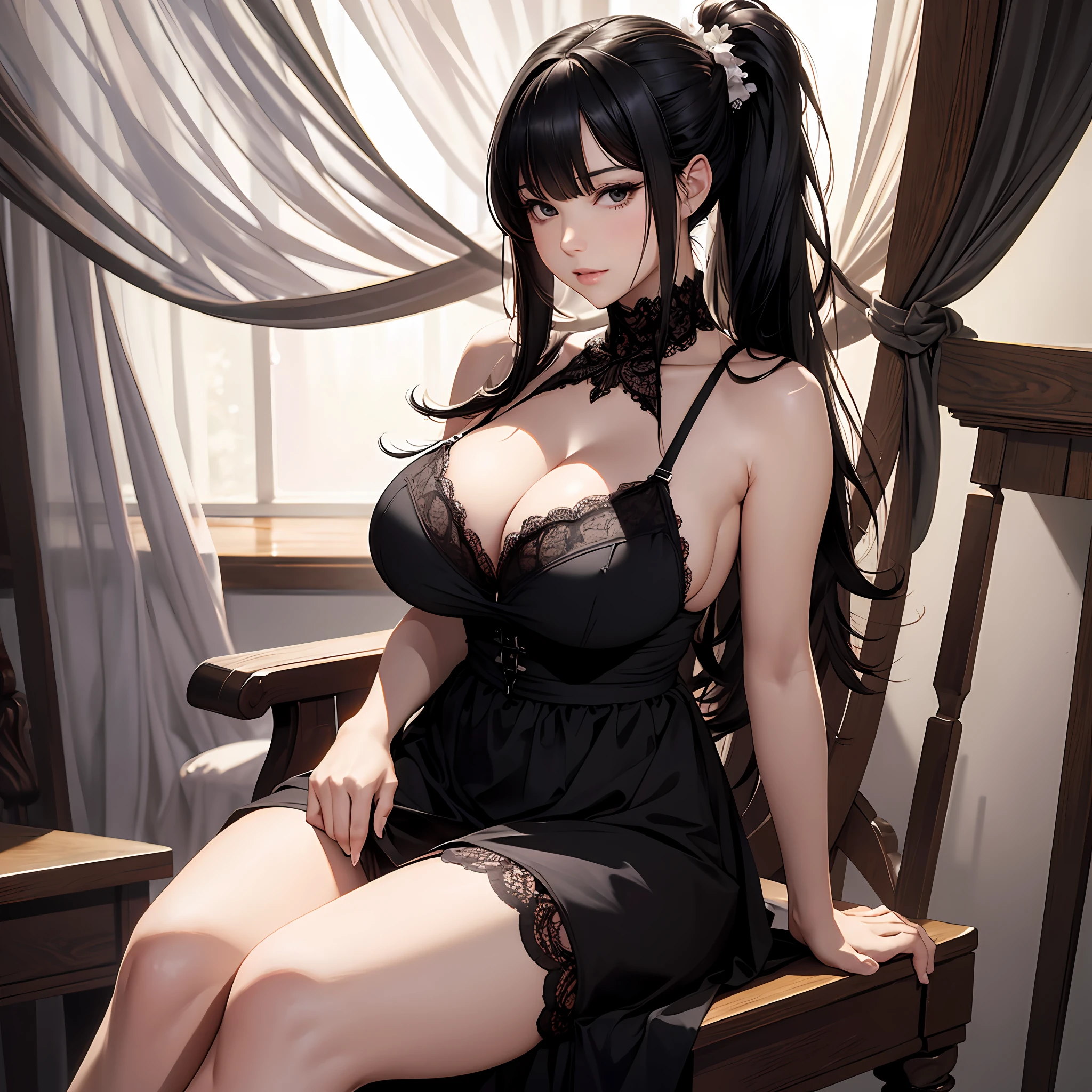 Breasts, Solo, Black hair, upper legs, Long hair, cleavage, view the viewer, Realistic, Huge breasts, Lips, parted lip, sofe, Bare shoulders, Sitting, bangs, Black eyes, lace-trimmed legwear, Curtains,pony tails,ssmile --auto