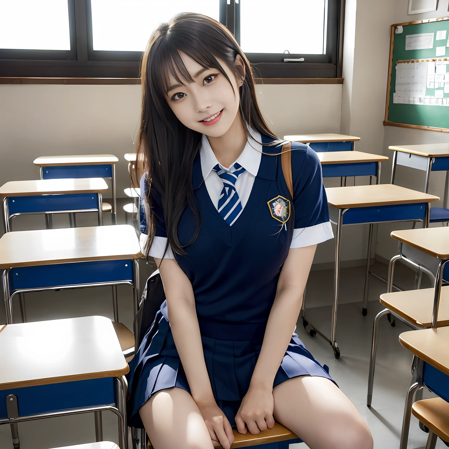 masutepiece, Best Quality, japanaese girl, 8K, Raw photo, top-notch quality, masutepiece, nffsw:1.2, exceptionally detailed RAW color photo, professional-grade photograph, (Realistic, Photorealistic:1.37), (highly detailedskin:1.2), Ultra-high resolution, (lenz 50mm), (masutepiece, top-quality:1.3), (Ultra detailed 8K cg:1.2), (hyper realisitic:1.35), (Photorealistic:1.45), (Realistic:1.4), Cowboy Shot,grin,
1 beautiful Japanese girl, 22 years old, super model, Japanese Idol, __expression__, Large breasts, (sitting on the desk:1.1), (School uniform:1.4), (Spread legs:1.2),
(School classroom background:1.1)、Korean Idol、Nogizaka Idol、hposing Gravure Idol、Adults、女優