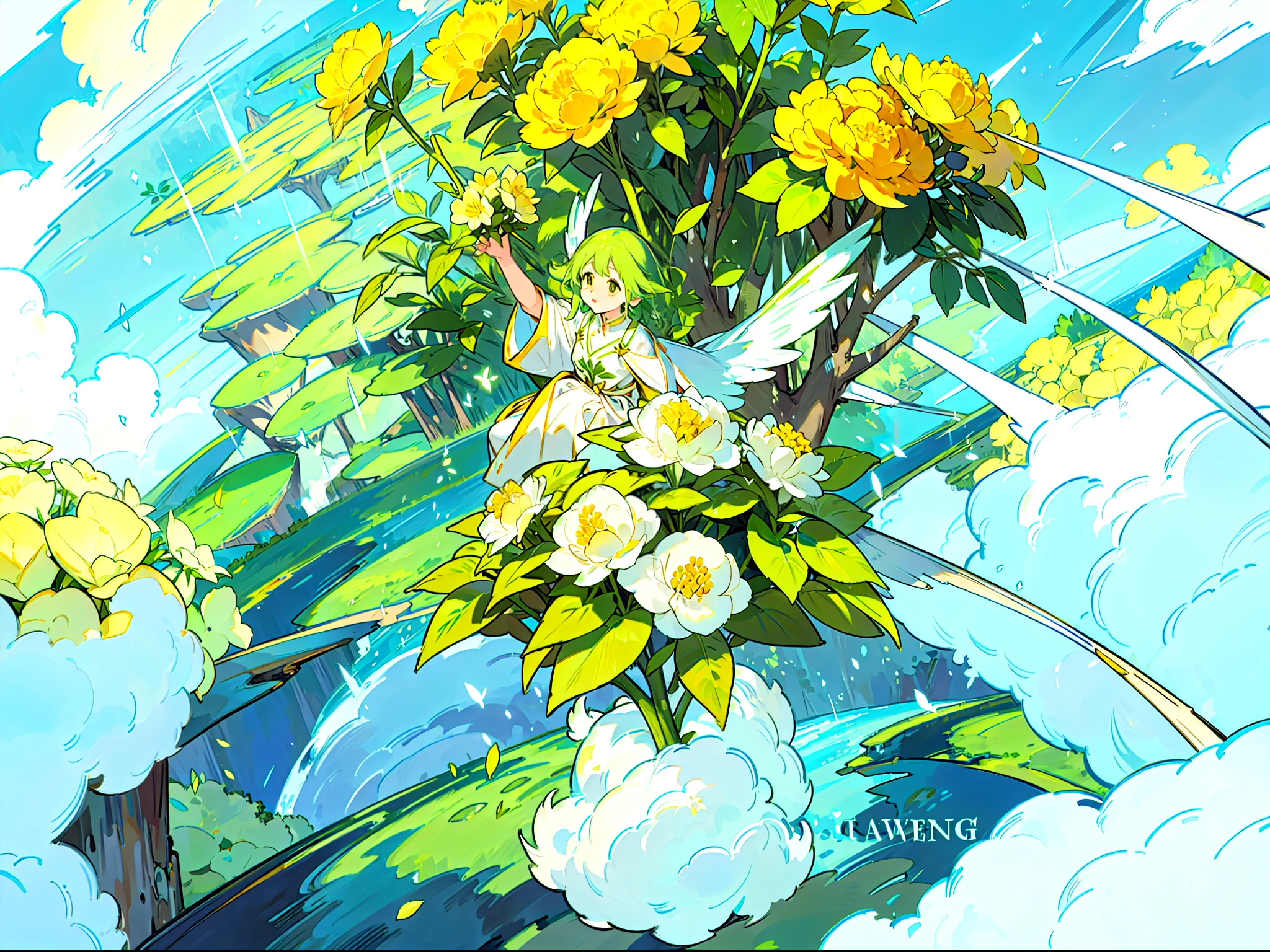 Winged elves fly among yellow hydrangeas+There is a fantastic sky island in the sky，A river flows down Sky Island+The overall picture is yellow-green+Lush forest with plants