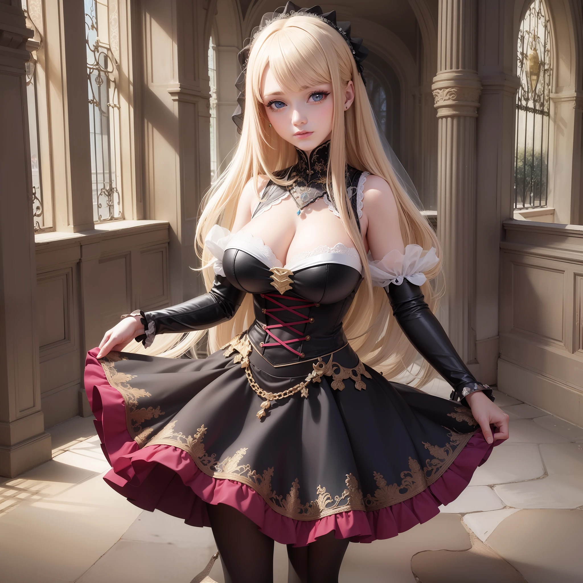 high resolution, highest quality, super high quality, super detail, ultra realistic, photorealistic, anime, illustration, fantasy, Northern Renaissance style, super cute witch, mysterious, enchanting, big blue eyes, updo braided hair style,  blonde hair, ????????????, perfect proportion, full body, black long skirt maid outfit and veil, black pantyhose, background Northern Renaissance style, kaleidoscope, royal palace