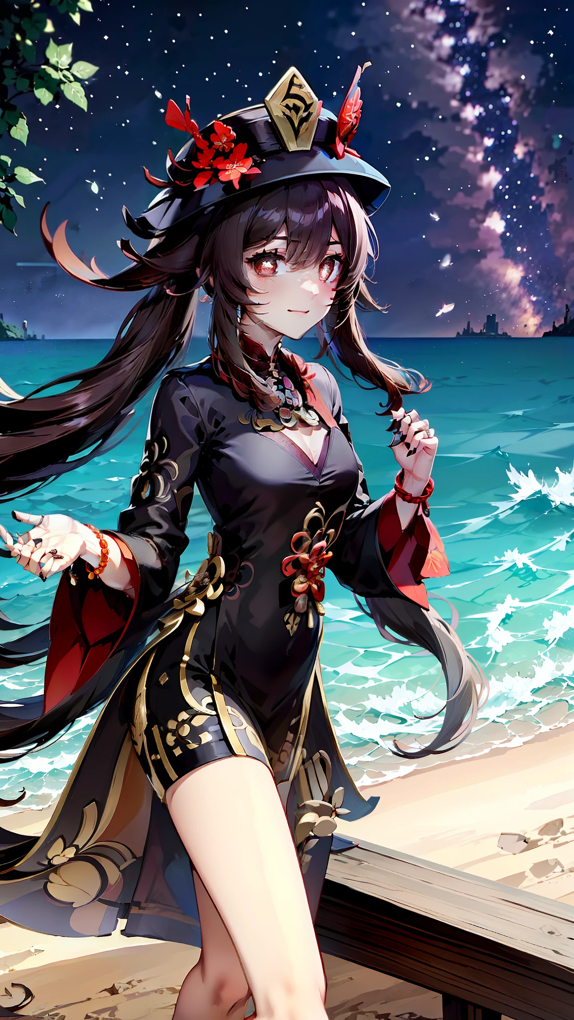 tmasterpiece,Best picture quality,Genshin character Walnut,Hair flutters in the wind,Tsundere expression,HD wallpaper level,seaside backgroud,a white long skirt,with hands resting on knees,closeup cleavage,Role-based -v6,face repair