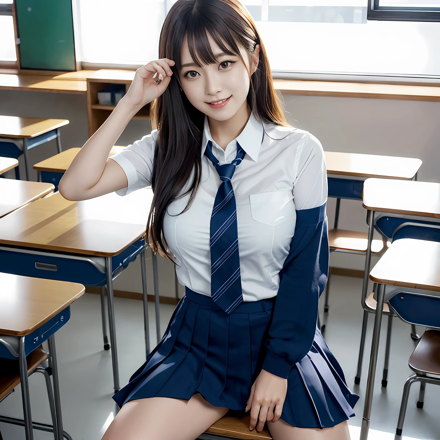 masutepiece, Best Quality, japanaese girl, 8K, Raw photo, top-notch quality, masutepiece, nffsw:1.2, exceptionally detailed RAW color photo, professional-grade photograph, (Realistic, Photorealistic:1.37), (highly detailedskin:1.2), Ultra-high resolution, (lenz 50mm), (masutepiece, top-quality:1.3), (Ultra detailed 8K cg:1.2), (hyper realisitic:1.35), (Photorealistic:1.45), (Realistic:1.4), Cowboy Shot,grin,
1 beautiful Japanese girl, 22 years old, super model, Japanese Idol, __expression__, Large breasts, (sitting on the desk:1.1), (School uniform:1.4), (Spread legs:1.2),
(School classroom background:1.1)、Korean Idol、Nogizaka Idol、hposing Gravure Idol、Adults、女優