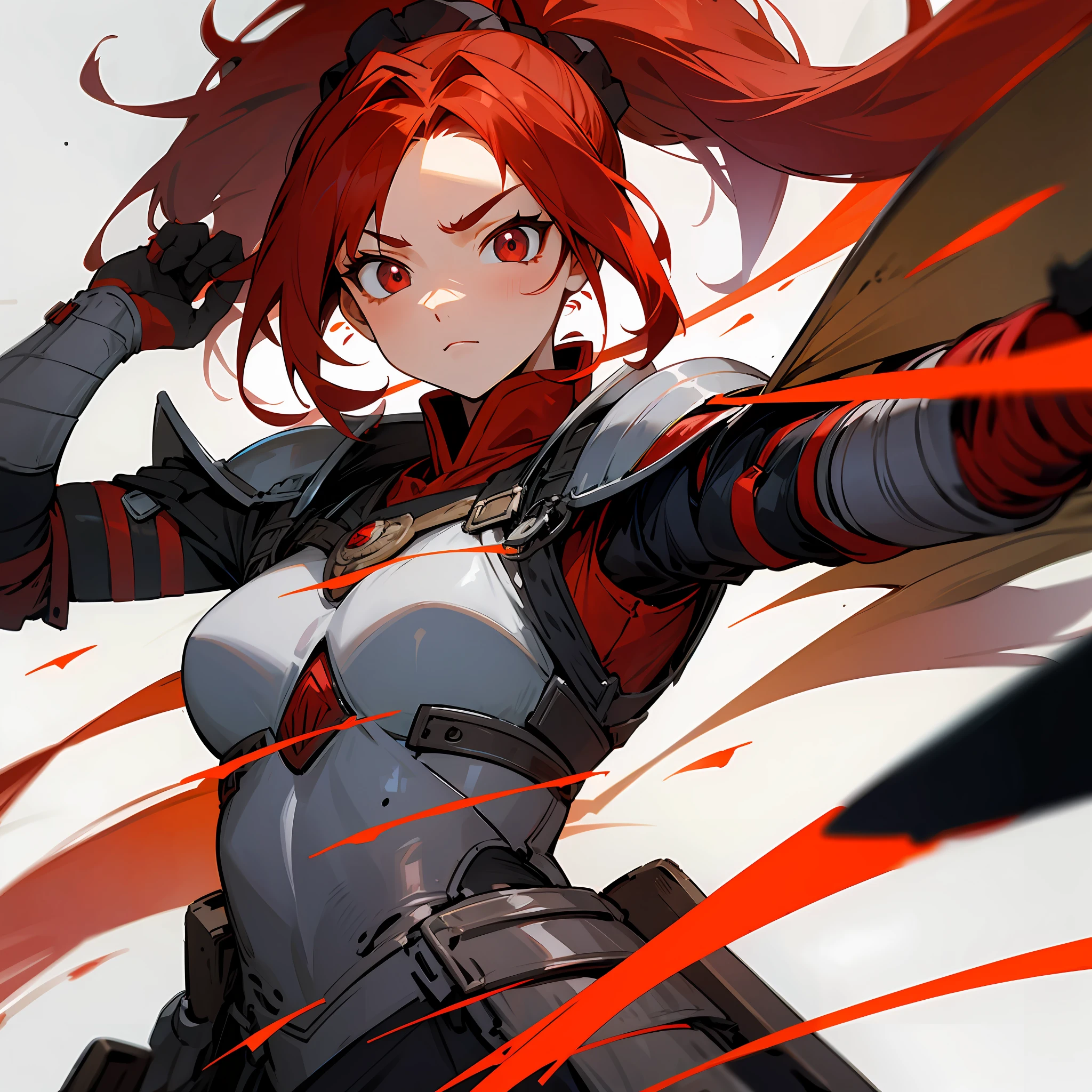 High ponytail，hair red, Asymmetrical hair,red pupils 、Black Tang Armor、High detail,Long gun anime, Anatomically correct