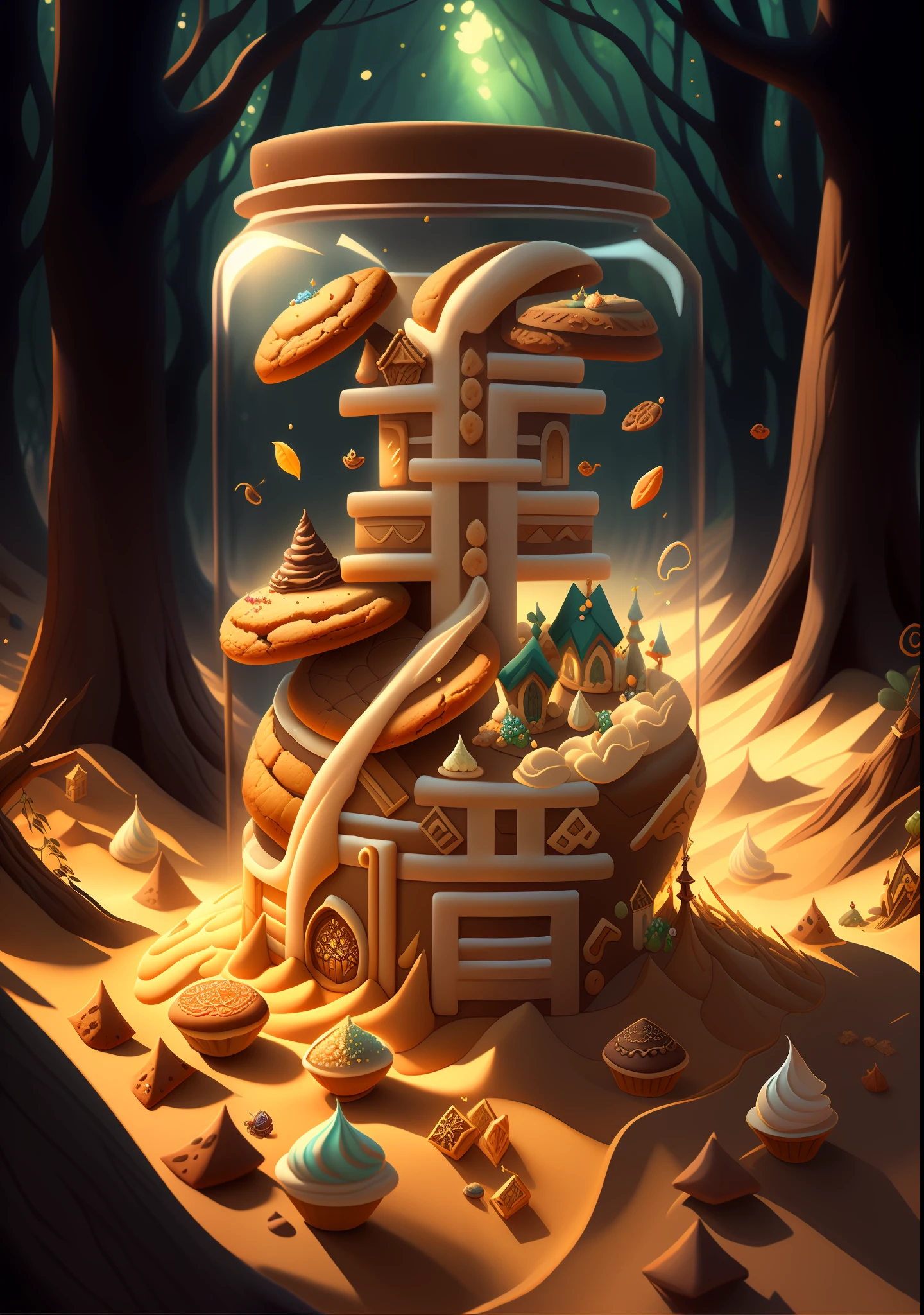Confectionery，Cookie，Ants move，sand particles，Eau，Eau，Eau，Fantasyart，Yamakawa，rios，the woods，dream magical，Fantasyart，Exquisite，tmasterpiece，8K，Cinematic lighting
