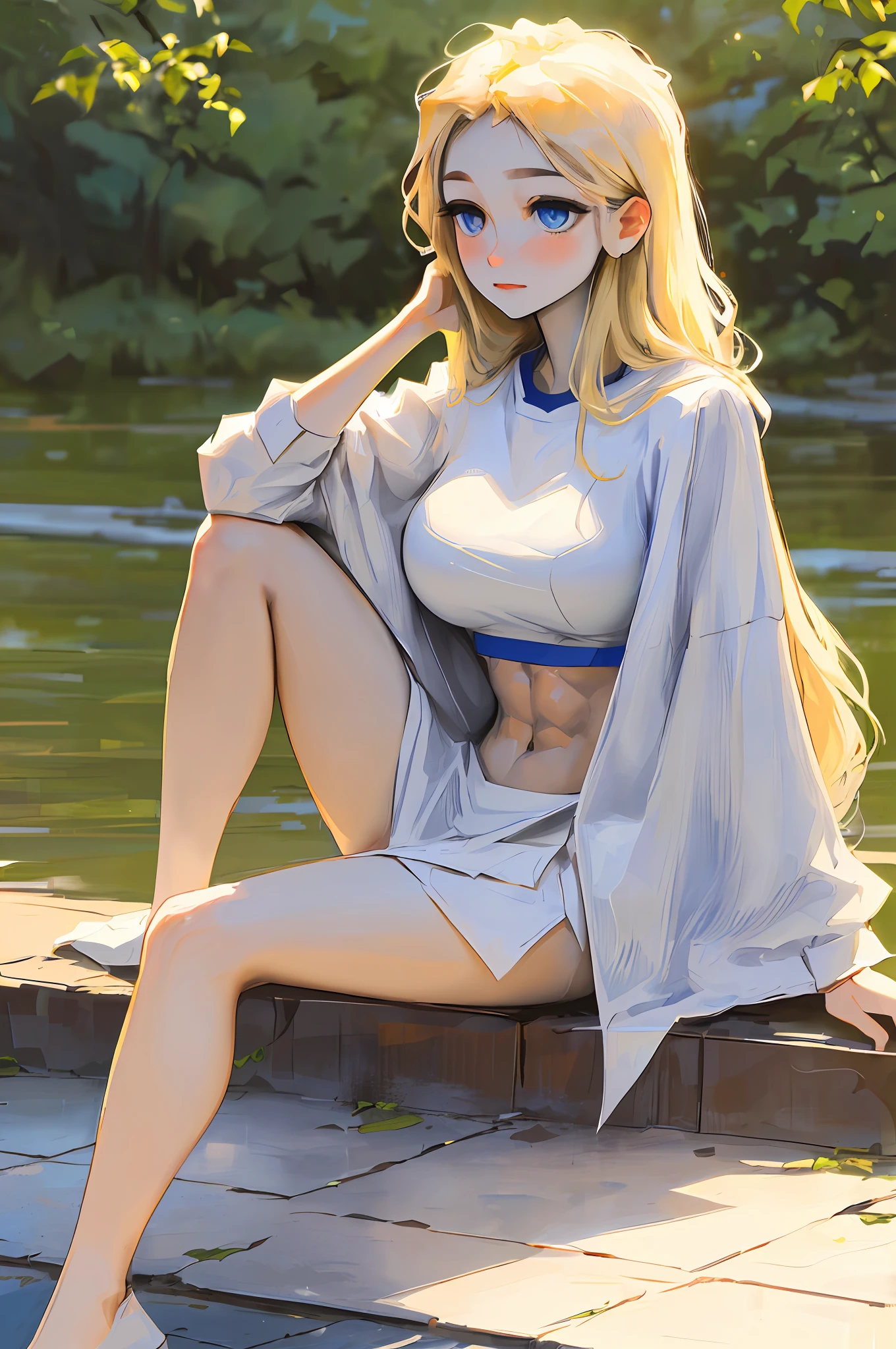 ((front view shot)), ((A very cute girl sitting on floor, and wearing a white silk extreme micro string, a loincloth of white silk string, in a beautiful park)), ((smug look)), ((wearing a white silk plunging shirt: 1.5)), (big breasts :1.4), 8k, RAW photo, (highly detailed skin:1.2), photography, masterpiece, best quality, dark grey background, (a beautiful caucasian girl with beautiful blue eyes, gorgeous light blonde hair, white skin, beautiful abs,Ultra-detailed face, ((Detailed eyes)),