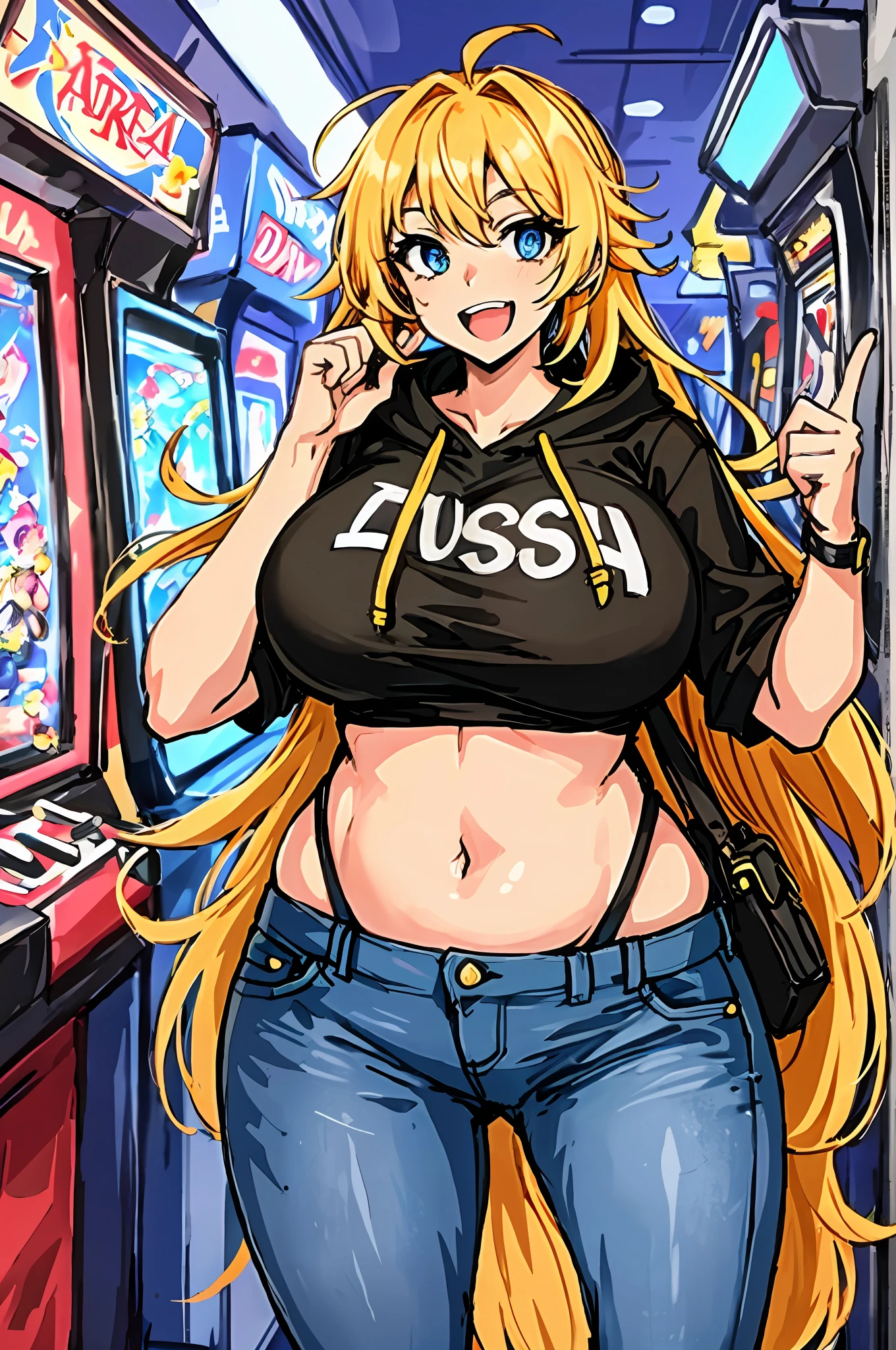2heads, a short chubby woman with 2 heads. She has enormous breasts. She has messy hair. She looks nerdy. She is wearing a baggy hoodie and jeans. She is in an arcade that is only lit by arcade games. She looks excited. Her breasts are gigantic.