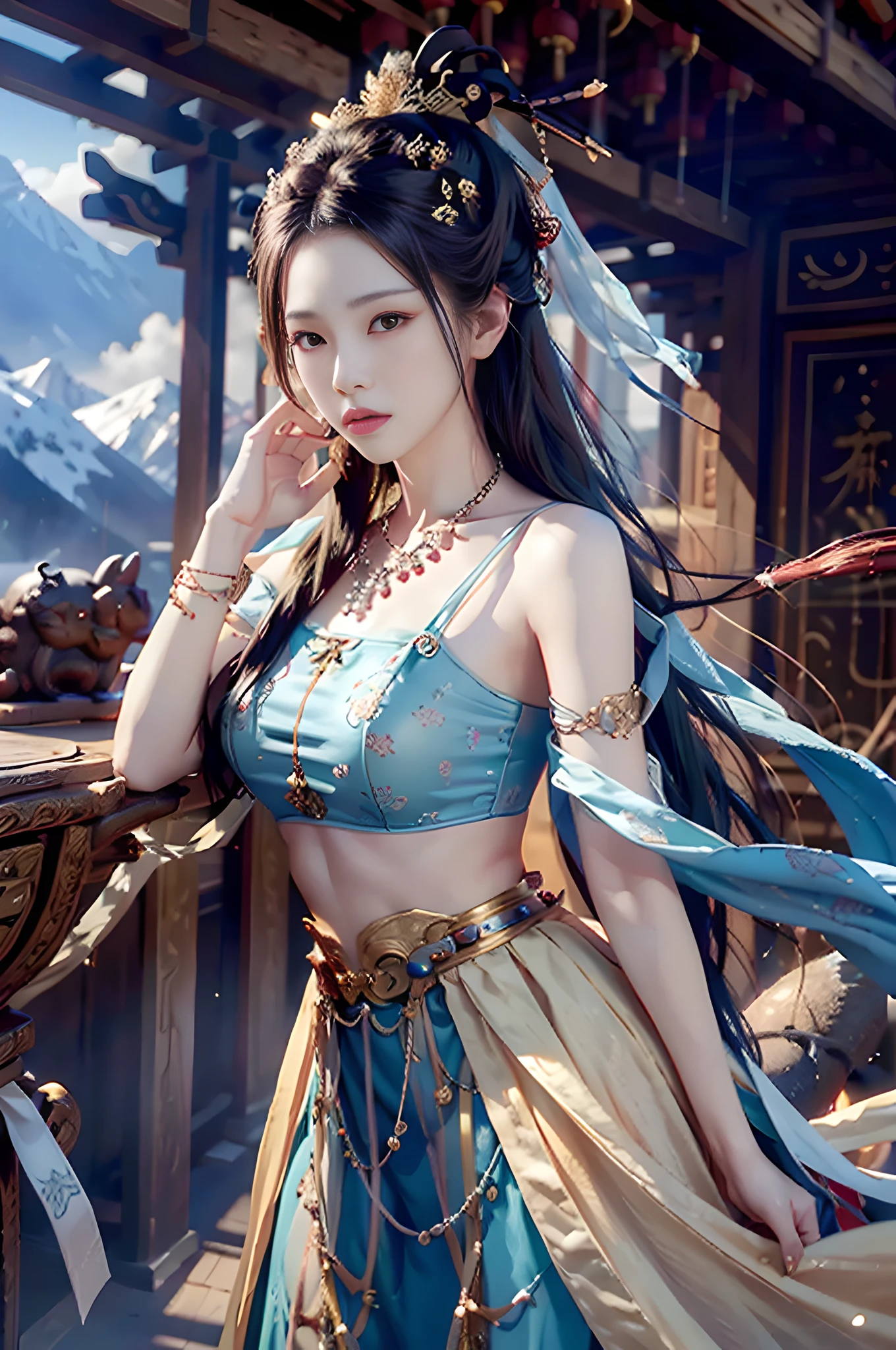 best qualtiy, tmasterpiece, 超高分辨率, （realisticlying：1.4）, snow mountains，drifting snow，arma, Detal Face，Metal armor， 1girll, 独奏, arma, （Magical Circle：1.2）, Streamers，xiuxian, The upper part of the body, a beauty girl, full bodyesbian, east asian architecture, ,  bead necklace, Smug, filmgrain, Fuji colors, Textured skin