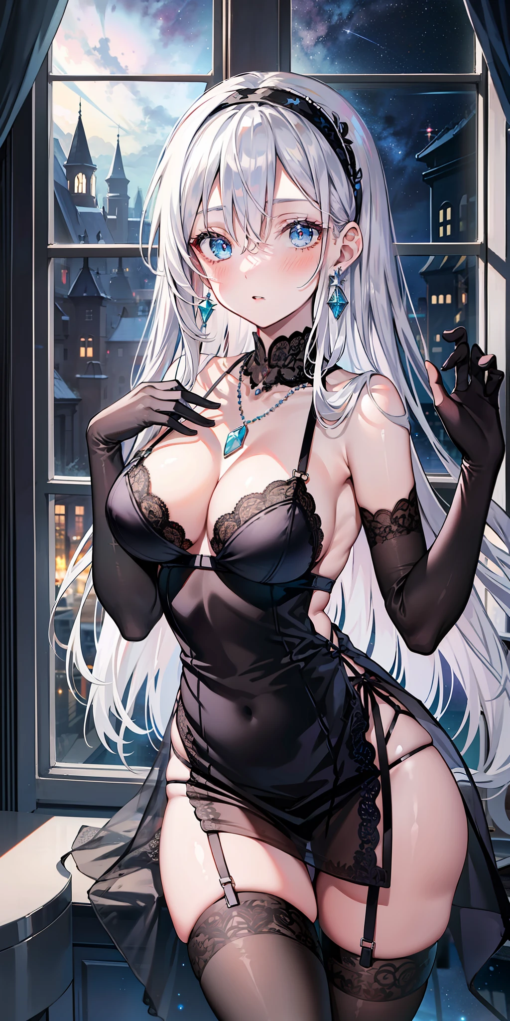 masterpiece, best quality, girls, silver hair, blue eyes, sheer black lingerie, jewelry necklace, jewelry earrings, jewelry dress, garter belt, garter belts, blush, 🤨, headband, black tights, standing , glass room, night, night sky, starry sky, window behind the back, red elbow gloves