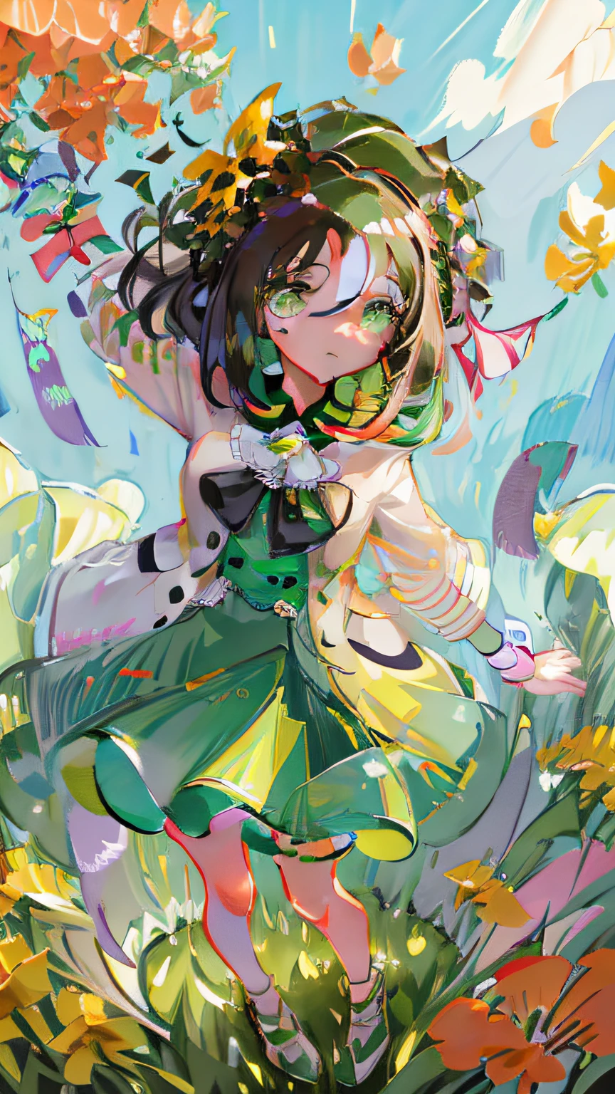 cartoon girl in a green dress and yellow shirt holding a flower, childrens art in artstation, cute detailed digital art, adorable digital painting, cute art style, cute detailed artwork, girl in flowers, cute digital art, girl in a flower field, full body portrait of a short!, girl dancing in a flower field, a beautiful artwork illustration