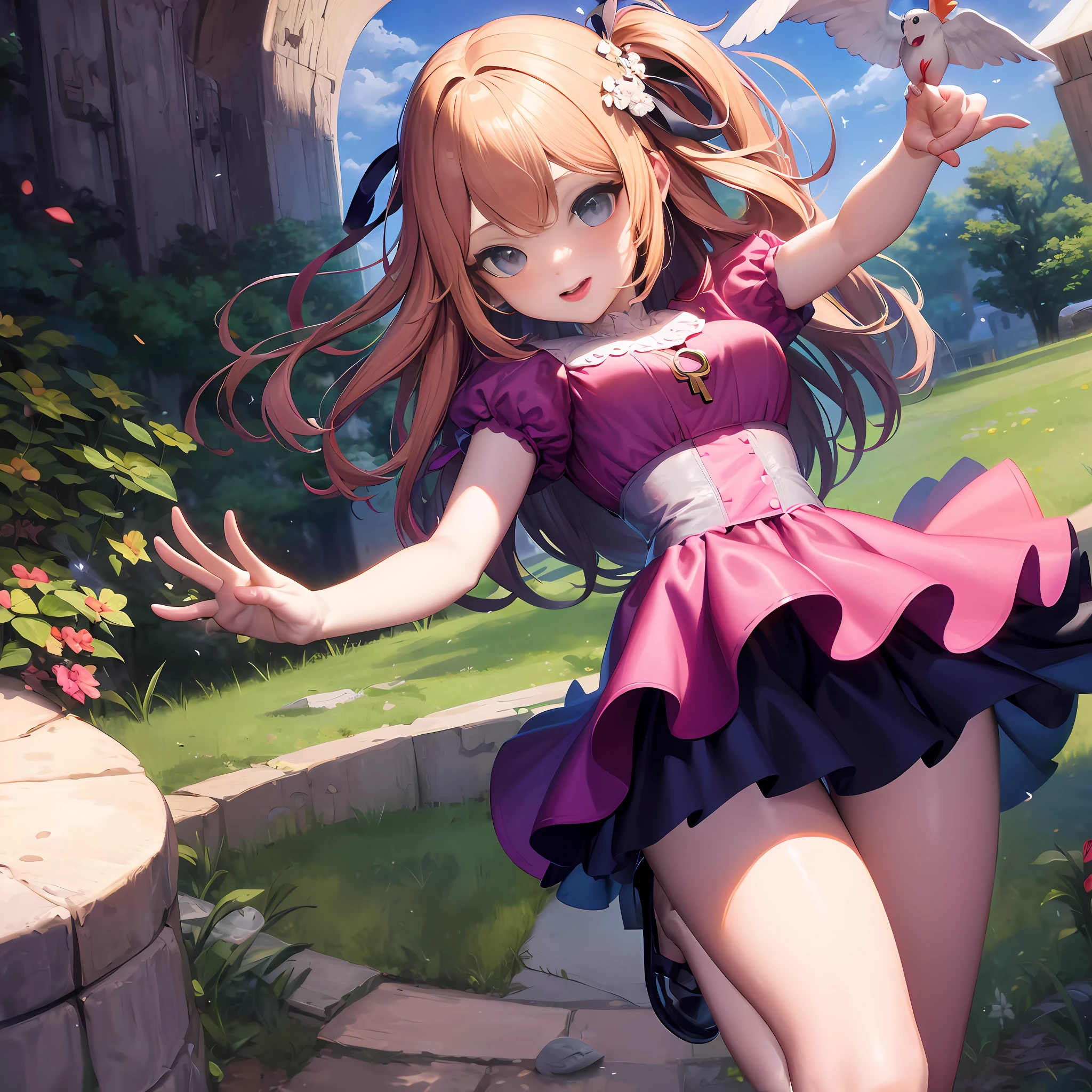 Anime girl in pink dress，A bird in his hand, Splash art anime ****, **** in dress, cute anime waifu in a nice dress, ****, small curvaceous ****, Smooth anime CG art, Also, anime moe art style, Kushatt Krenz Key Art Women, High Quality Anime Art Style, style of anime4 K