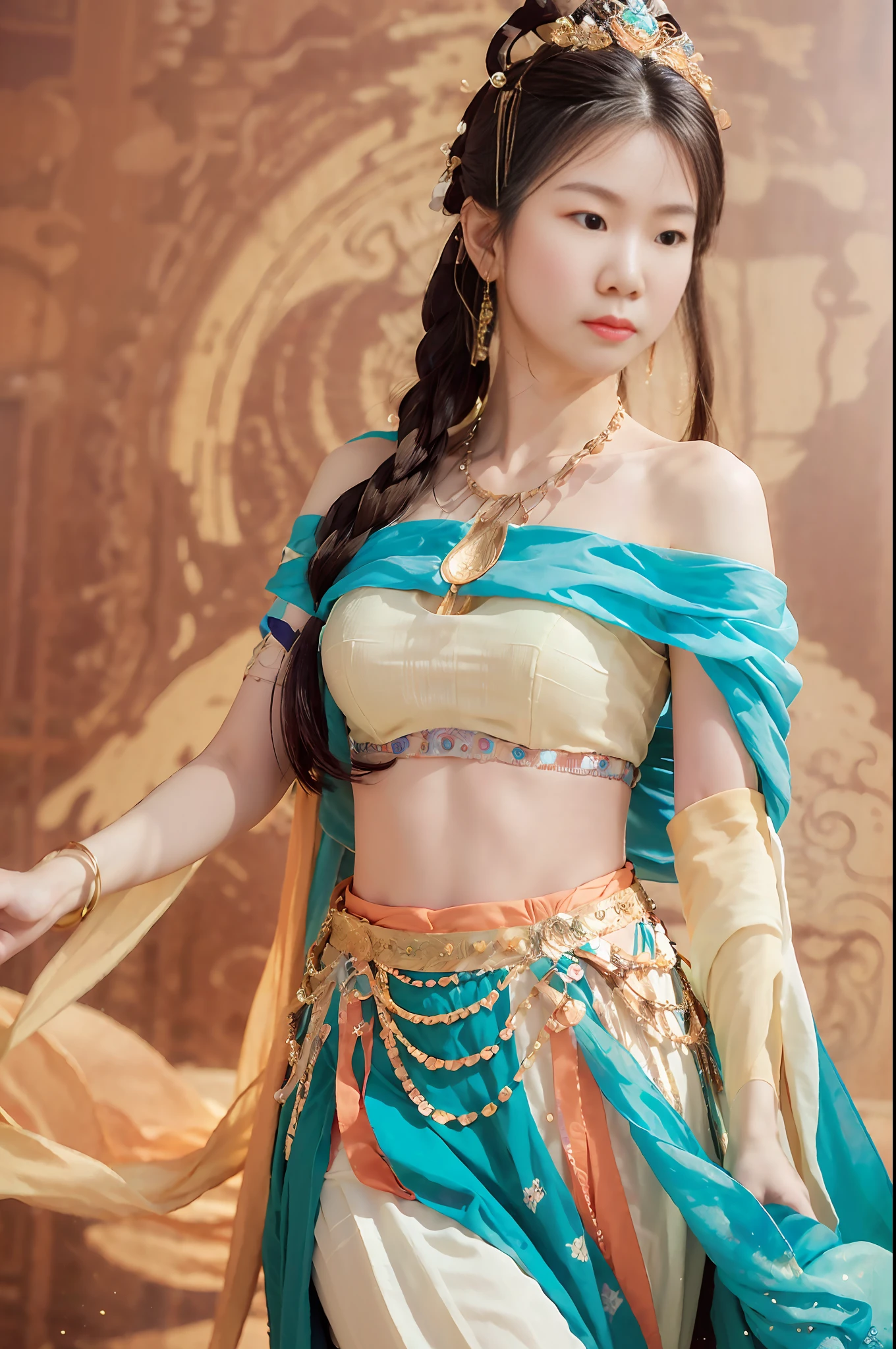 (8k, RAW photo, best quality, masterpiece:1.2), (realistic, photo-realistic:1.4), (extremely detailed CG unity 8k wallpaper), 1 girl solo, (from below:1.2), dance, dunhuang_dress, dunhuang_style, dunhuang_background,
