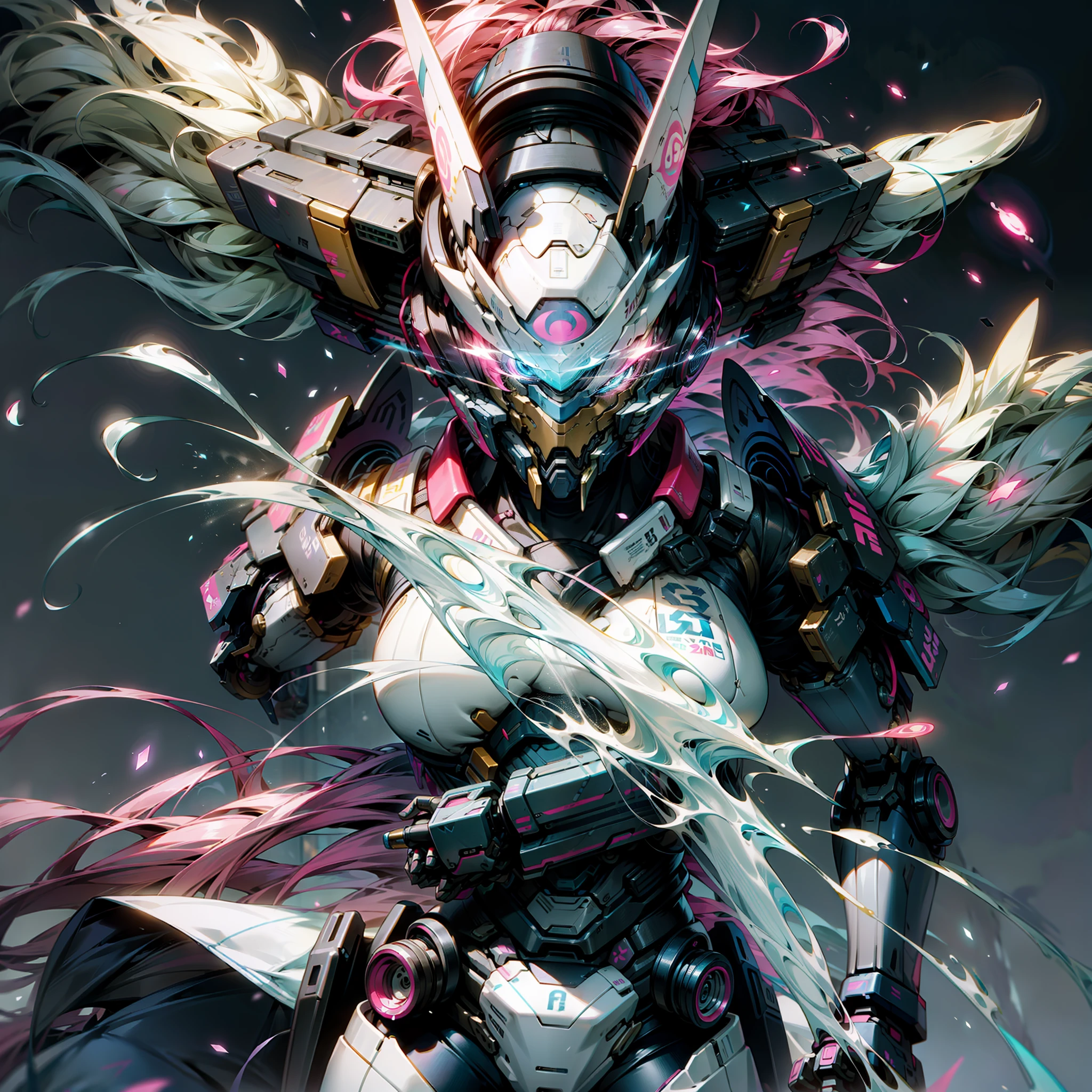Blue and pink are the main colors,Free to play,Tall mech,Powder blue gradient body,Powder blue gradient,Use the plasma sword,There is a dragon particle effect,Yin and Yang gossip,Formation,mechanical sense,sense of strength,Sense of space,combats,cyber punk perssonage,Human body modification,Structurally sound,Battle instant,high-quality face,4K,High quality,Masterpieces,Free to play