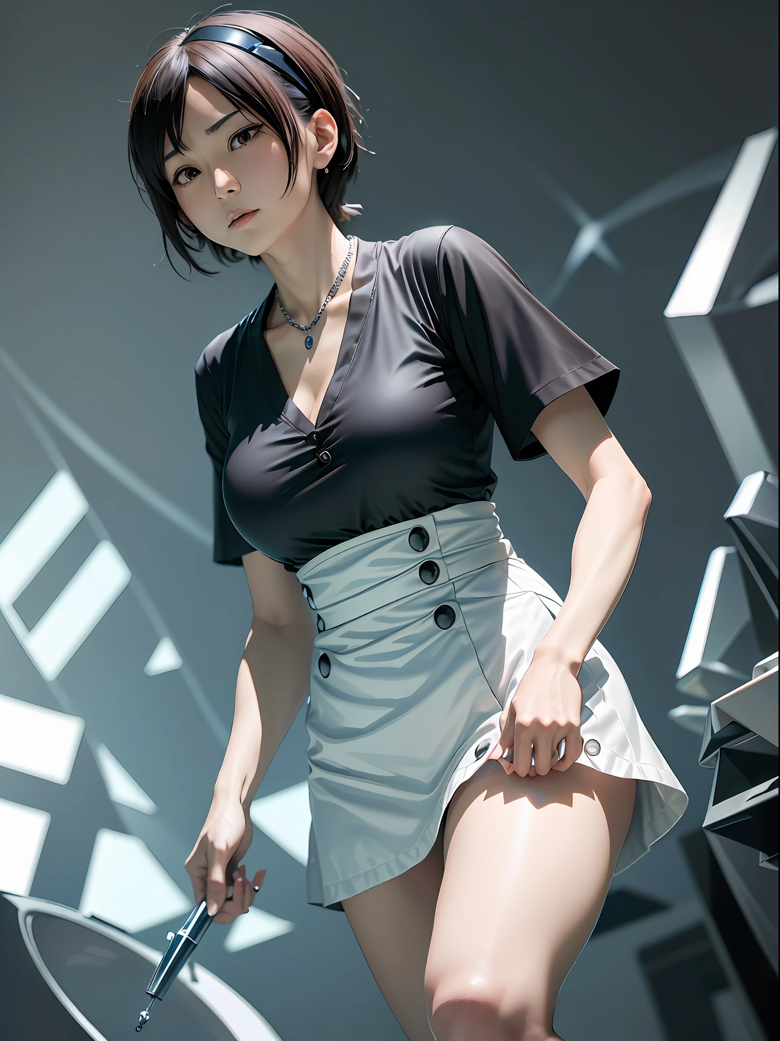 high-definition picture,Close-up of the whole body,A Japanese Lady,Bone chakra２０２１modeled,Black blouse,buttoning３Removed,Black tight skirt,short-hair,dark brown hair,160 cm tall,high-heels,Bust C Cup,Silver Necklace,Chic and elegant,manicure,kuroko、Low angle cut with few margins。 --auto