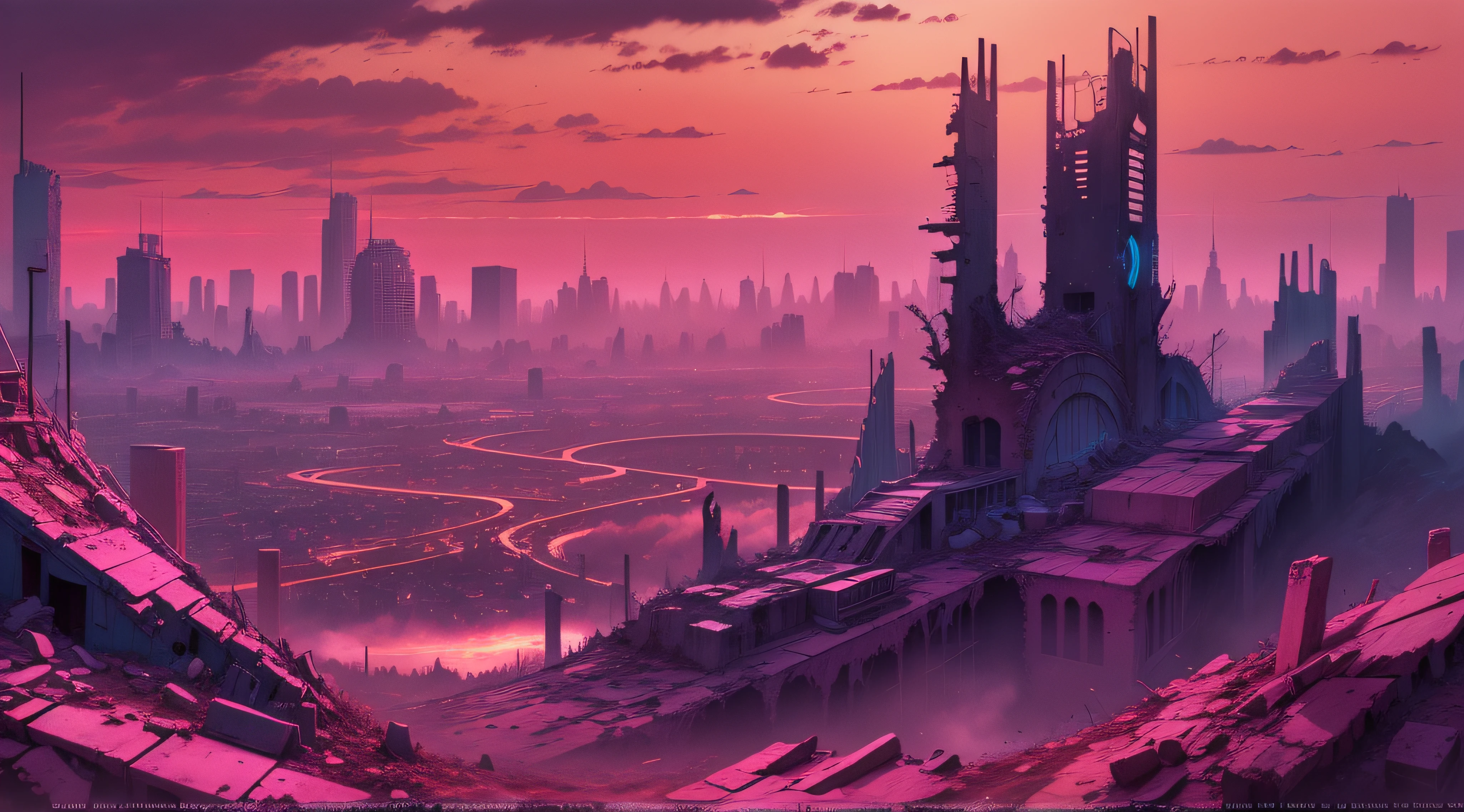 The ruins of a city，In the distance, There is a pink sunset gradient，cyber punk perssonage