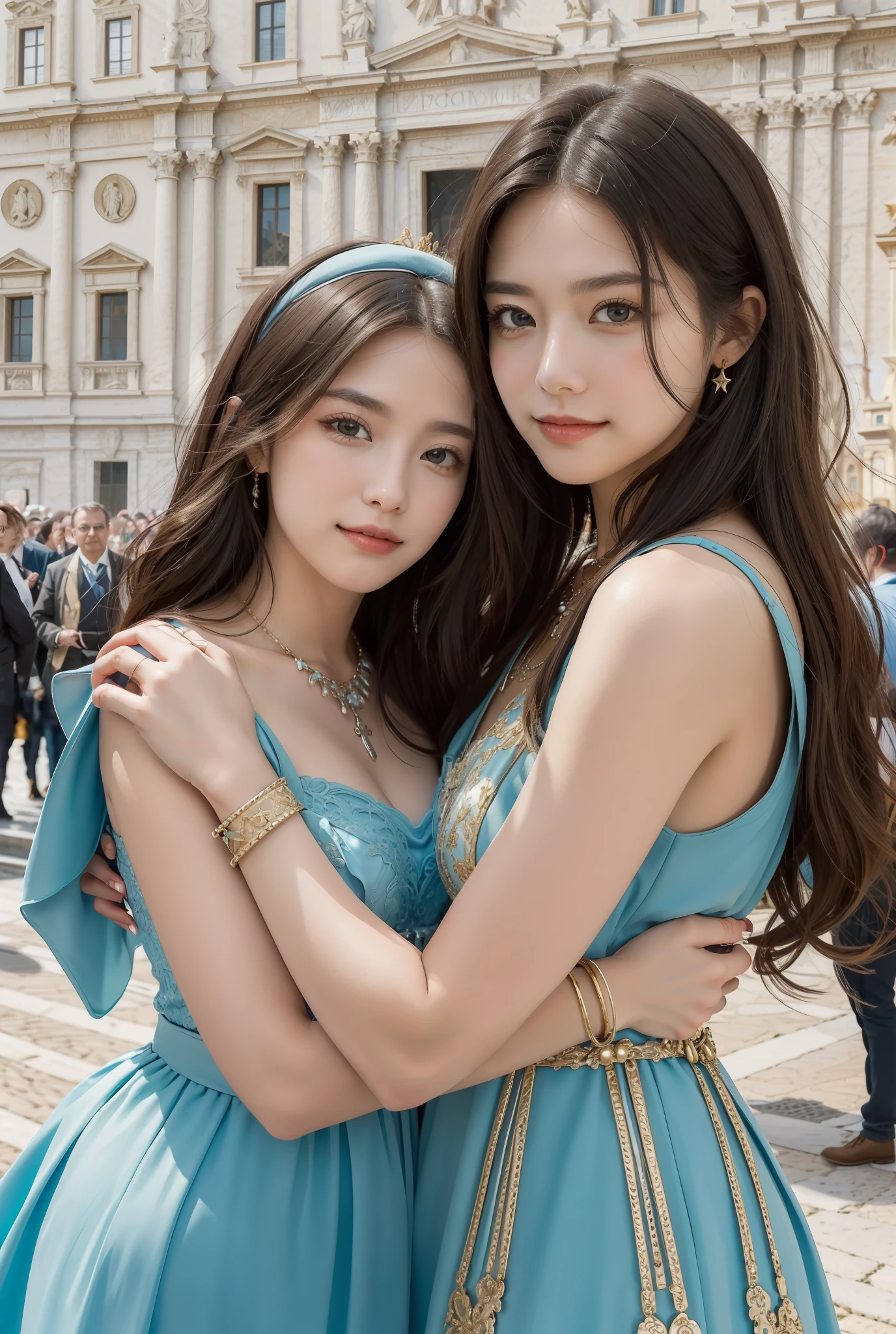 masterpiece, 4K, best quality, FELute, necklace,gorgeous dress, (on the St. Peter's Square of Vatican,crowd),bracers, cowboy shot, looking at viewer, smirk, hand up