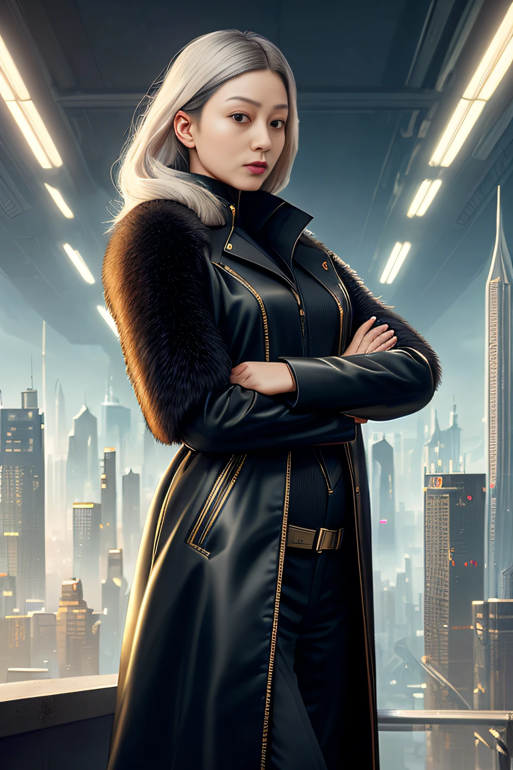ModelShoot style, (Extremely detailed Cg Unity 8K wallpaper, Hasselblad Award Winner), Beautiful detailed portrait of silver hair young woman, Beautiful sports girl in Soviet militia uniform, Serious look, Cinematic lighting, ambient soft lighting, Dramatic lighting, diffused soft lighting, Pilot style, Futuristic cyberpunk, Highly detailed, Intricate, Sexy uniforms, Hot body, Small breasts, Long black fur coat, Night City Cyberpunk, art stations, CG Social Art, Deviant art trends, 8K HD, Masterpiece, High quality, Sharp focus, Digital art by Artgerm and Greg Rutkowski and Alphonse Mucha, Professional majestic oil painting by Ed Blinkey, atey ghailan, by Ghibli Studio, author:Jeremy Mann, Greg Manchess, Antonio Moro, trending on artstationh, trending on CGSociety, Intricate, High detail, Sharp focus, Dramatic, photorealistic painting art by midjourney and greg rutkowski