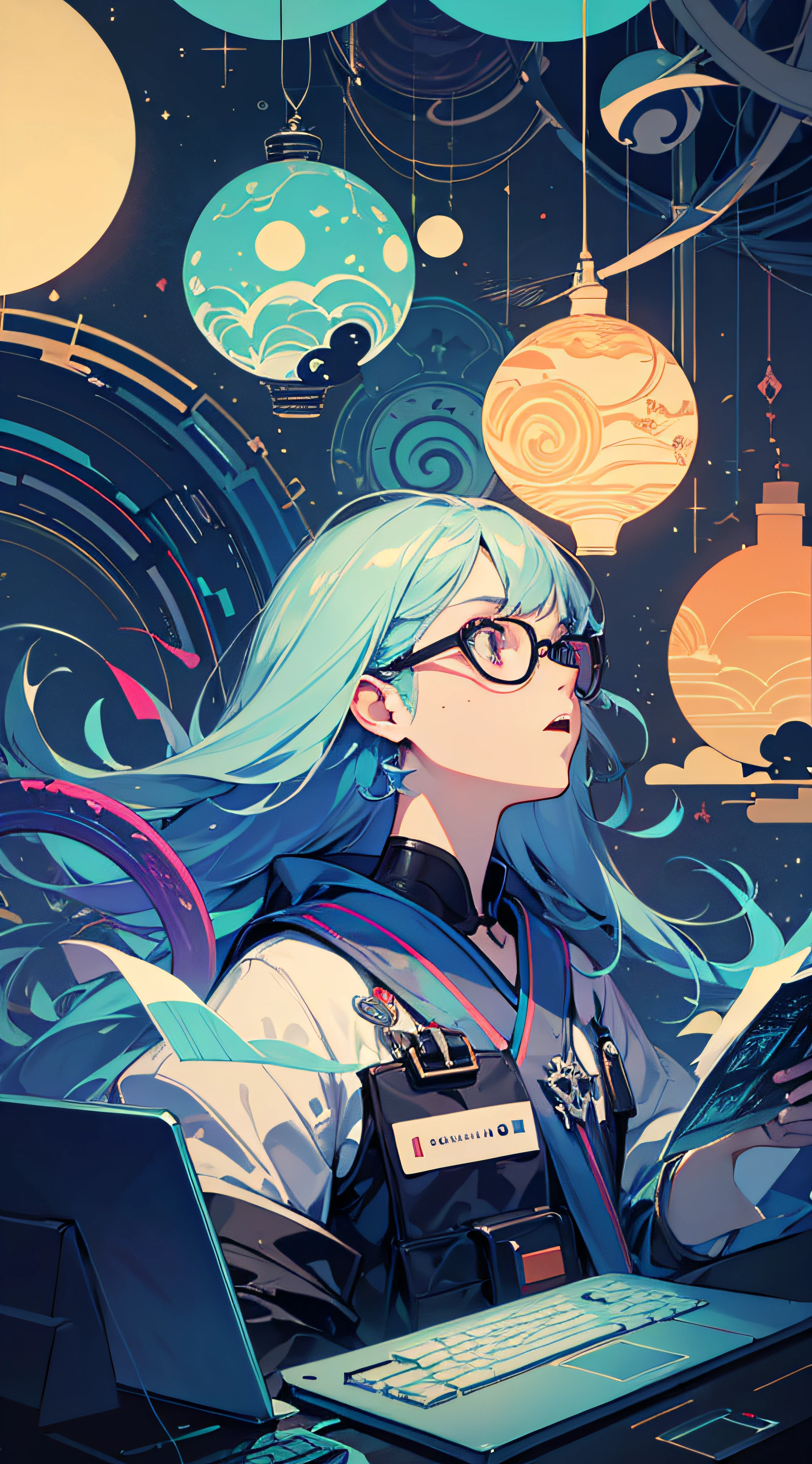（（tmasterpiece））， （（ultra - detailed））， （（best qualtiy））， 美丽细致的眼睛， Detailed face， The best lighting， The best shades， 1 rapariga，Close-up of the side of the half，独奏， （（cyber punk style， edge lit， machine arm，Hologram aura，Surreal Science Fiction Art，Future Science Fiction Aesthetics，Flat 2D style））， （（The main colors are purple and green））， Large disc， （Girl inside the screen：1.5），Mobile Paradise，Orange bulb，A world made up of mobile phones，Gamepad，laptop，VR glasses，Virtual screen， freckle， Cold nose， （（（Buble）））， illustration，japanese inspired， （highly  detailed）， Whirlpool effect，