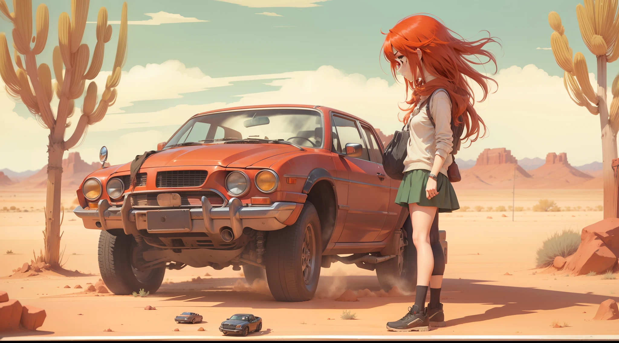 A beautiful red hair girl looks at the engine of her car that is having mechanical problems in the middle of nowhere in the desert on a road at sunny day, 2d anime style
