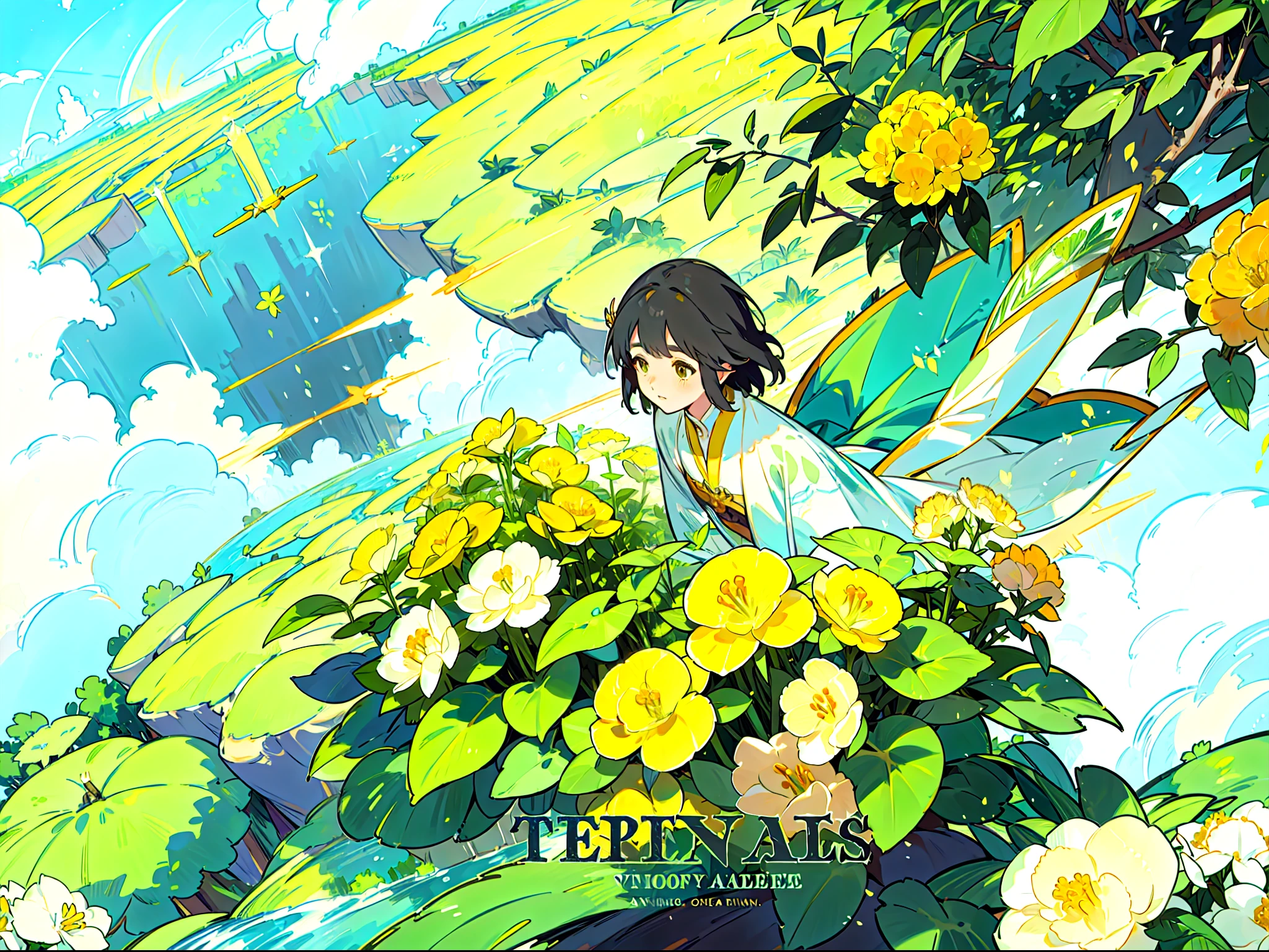 Winged elves fly among yellow hydrangeas+There is a fantastic sky island in the sky,A river flows down Sky Island+The overall picture is yellow-green+Lush forest with plants