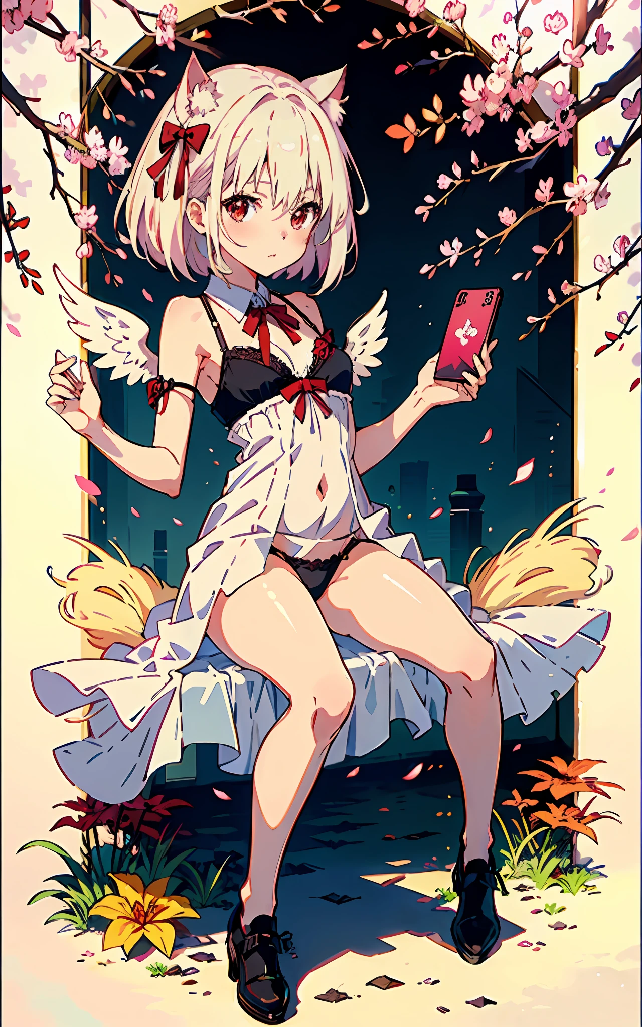 (HighestQuali)、masterwork、anextremelydelicateandbeautiful、astounding、finedetail、hugefilesize、Hyper-detailing、A high resolution、absurderes、((Perfect hand:1.2))、 Take a selfie with your phone in one hand、Cover your face、 1girll、Very thin legs、Very thin legs、Very thin legs、Long legs、Highly detailed legs、 [standing on your feet|sit on chair|Sit on the|Butterflies sitting]、 [Stockings|Pantyhose|thighhights|kneehigh]、、self-shot、a-pose、Small hands、platinum blond hair,Medium hair,Red-eyed,Senzoku Nishikiki,Lycoris Recoil，Black triangle lace panties，pink Bras，anime girl in a pink bikini with wings and a bow, anime best girl, white haired deity, nightcore, cute anime waifu in a nice dress, anime moe artstyle, high quality anime artstyle, very beautiful anime cat girl, splash art anime , lolidress, anime visual of a cute girl, small curvy loli, pr anime girl