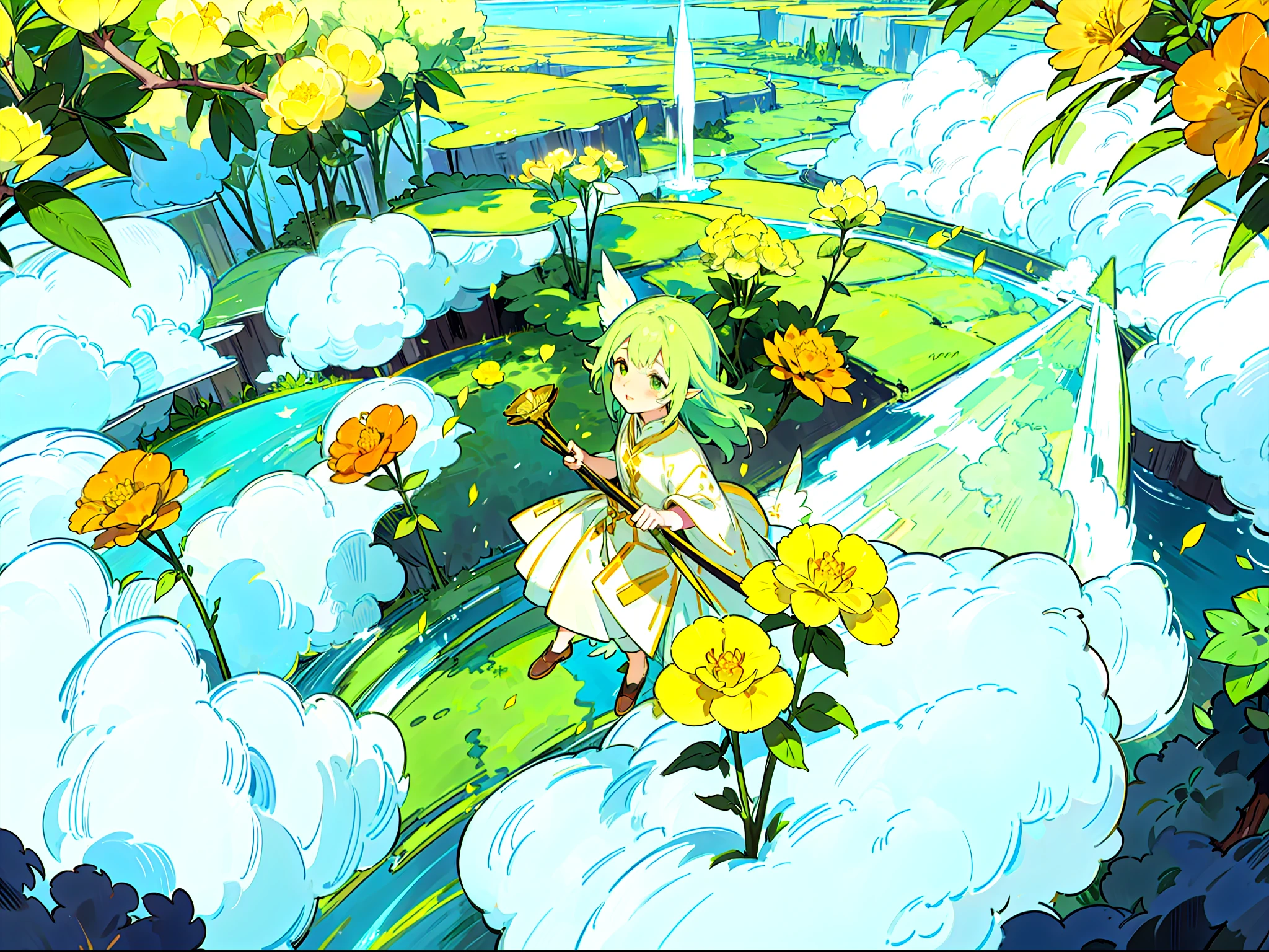 Winged elves fly among yellow hydrangeas+There is a fantastic sky island in the sky,A river flows down Sky Island+The overall picture is yellow-green+Lush forest with plants