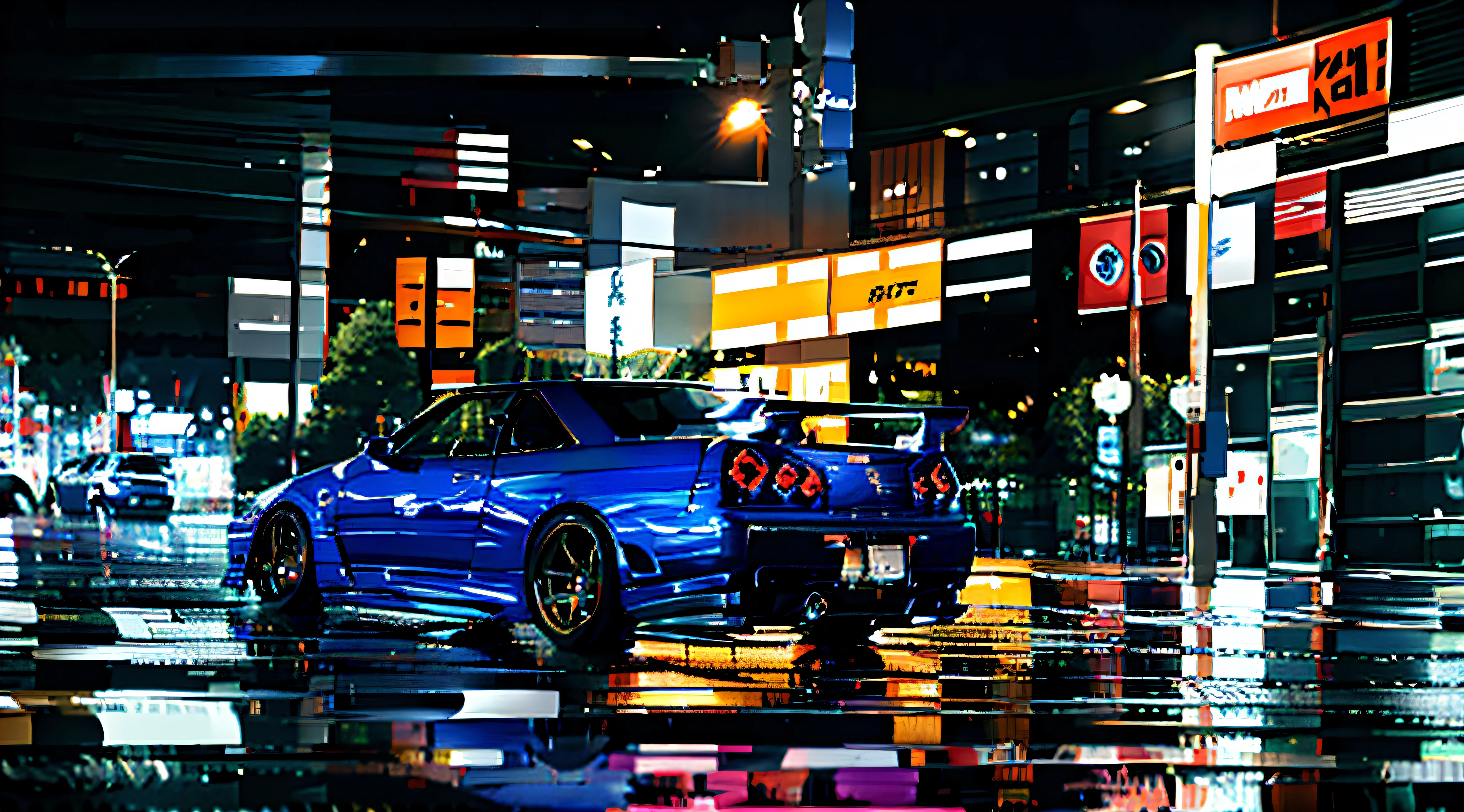 Image of a blue car driving on a wet street, nissan gtr r 3 4, Nissan R34 GTR, automotive photography, in a modified nissan skyline r34, Anime style mixed with Fujifilm, auto photography, kodakchrome : : 8 k'', HQ 8K wallpaper, automotive photography, vehicle photography