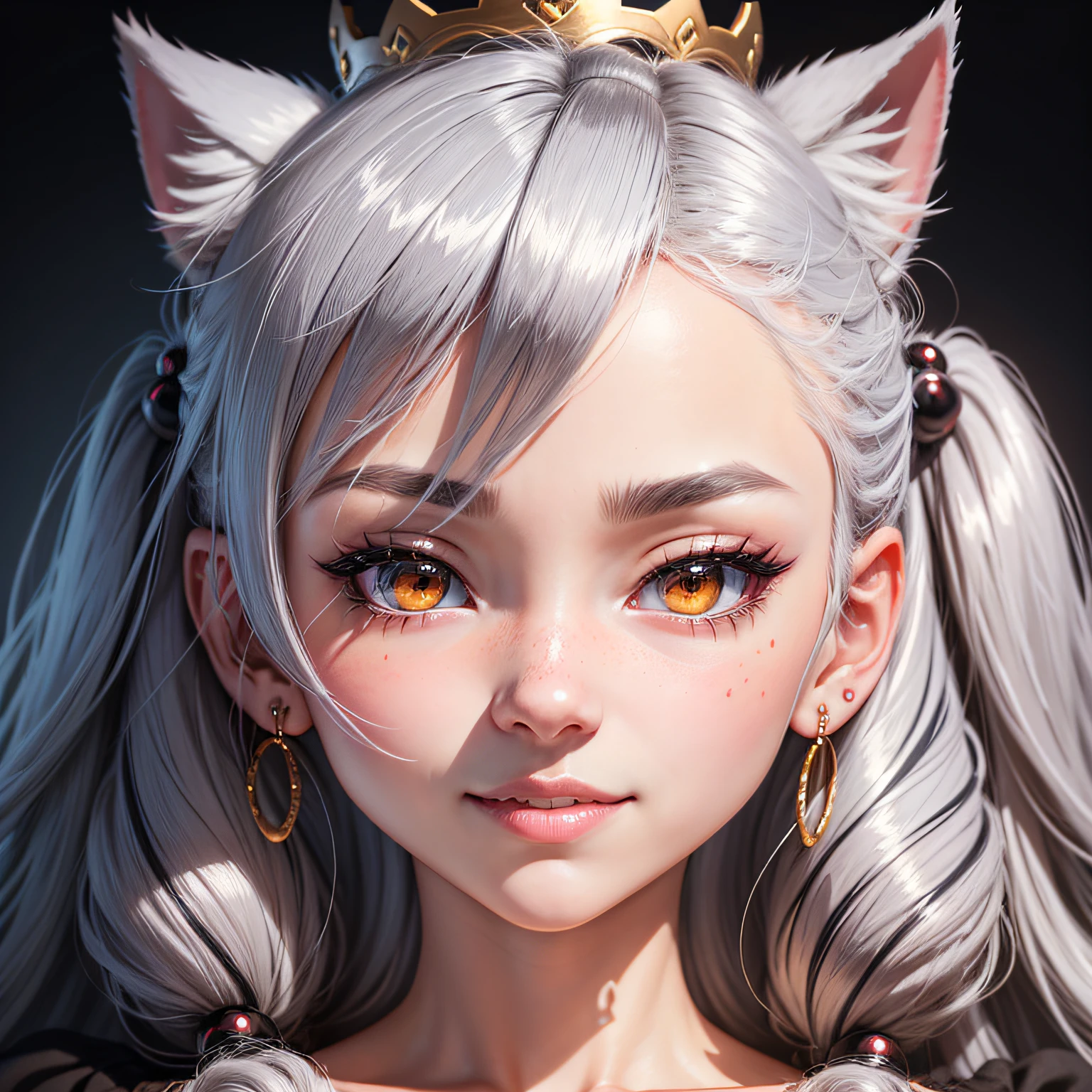 black hair, hair bobbles, wince, fake animal ears, ear blush, silver hair, crown, color contact lenses, smile, streaked hair, drill hair, forehead jewel, head wreath, @ @, raised eyebrows, crescent earrings, kemonomimi mode, happy, nose blush, drop shadow, anaglyph, tachi-e, pov, atmospheric perspective, stereogram, first-person view, anime style, god rays, stereogram, bust chart, pov, from side, Eye-Level Shot, 8k, UHD, masterpiece --auto