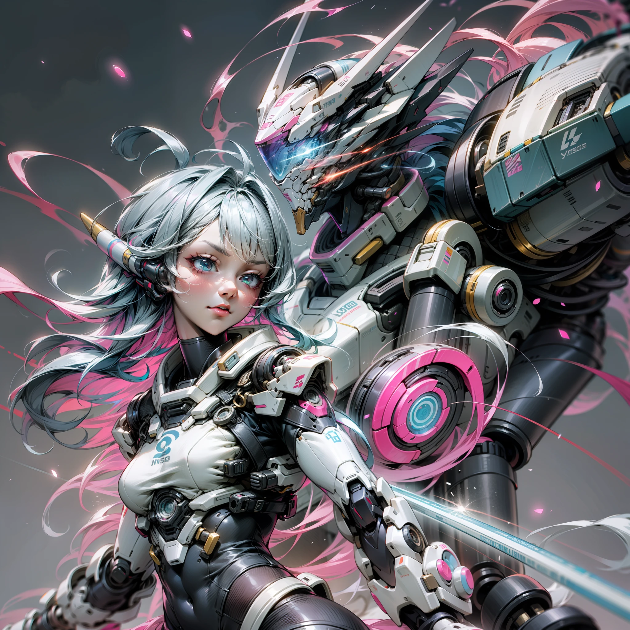 Blue and pink are the main colors,Tall mech,Powder blue gradient body,Powder blue gradient,Use the plasma sword,There is a dragon particle effect,Yin and Yang gossip,Formation,mechanical sense,sense of strength,Sense of space,combats,cyber punk perssonage,Human body modification,Structurally sound,Battle instant,high-quality face,4K,High quality,Masterpieces,of a real