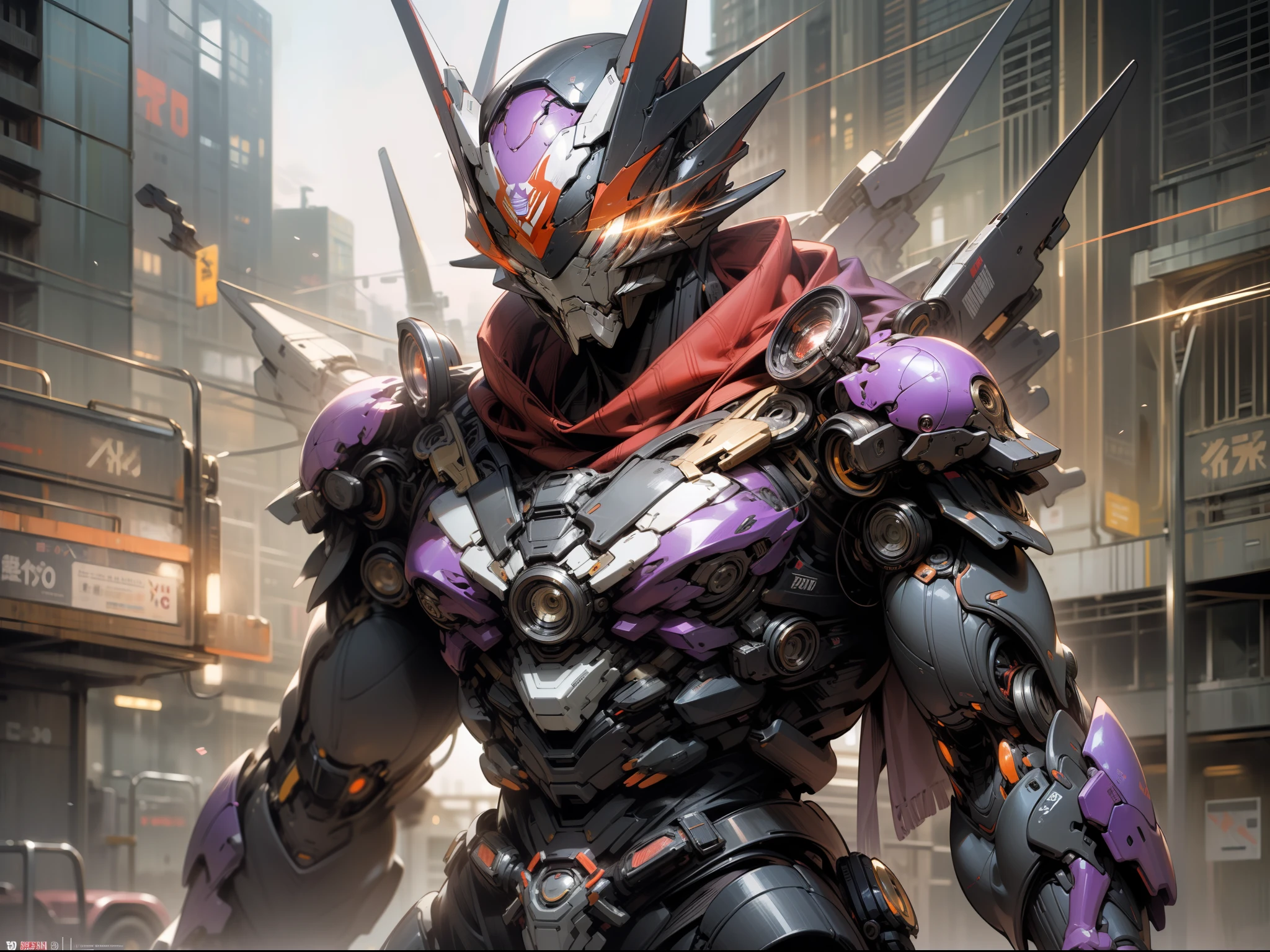 (((masterpiece))),(((best quality))),(((amazing detail))),((illustration)),((8K wallpaper)),kamen rider,Combat posture,red eyes,eyes glow,cyberpunk,purple skin,manga,red floating scarf,splash art,realistic,city background,Mechanical cowhorn