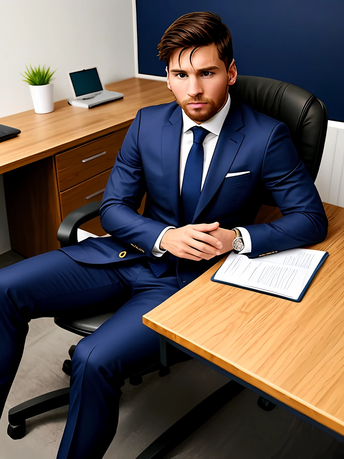 Leonel Messi elegant in dark blue suit sitting in an office chair and a desk in a dark environment, He's well concentrated