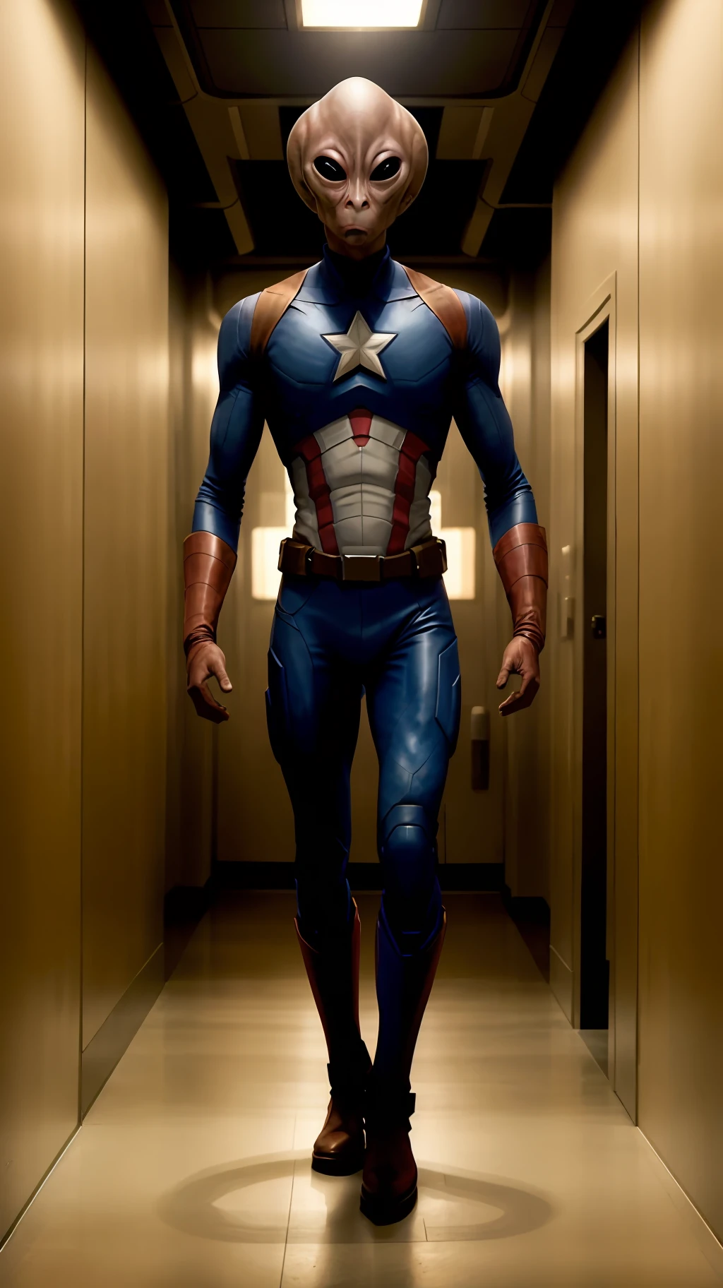 photography of an alien sgasgard captain america portrait, realistic, movie scene, cinematic, dramatic light, back light, standing in a corridor space ship