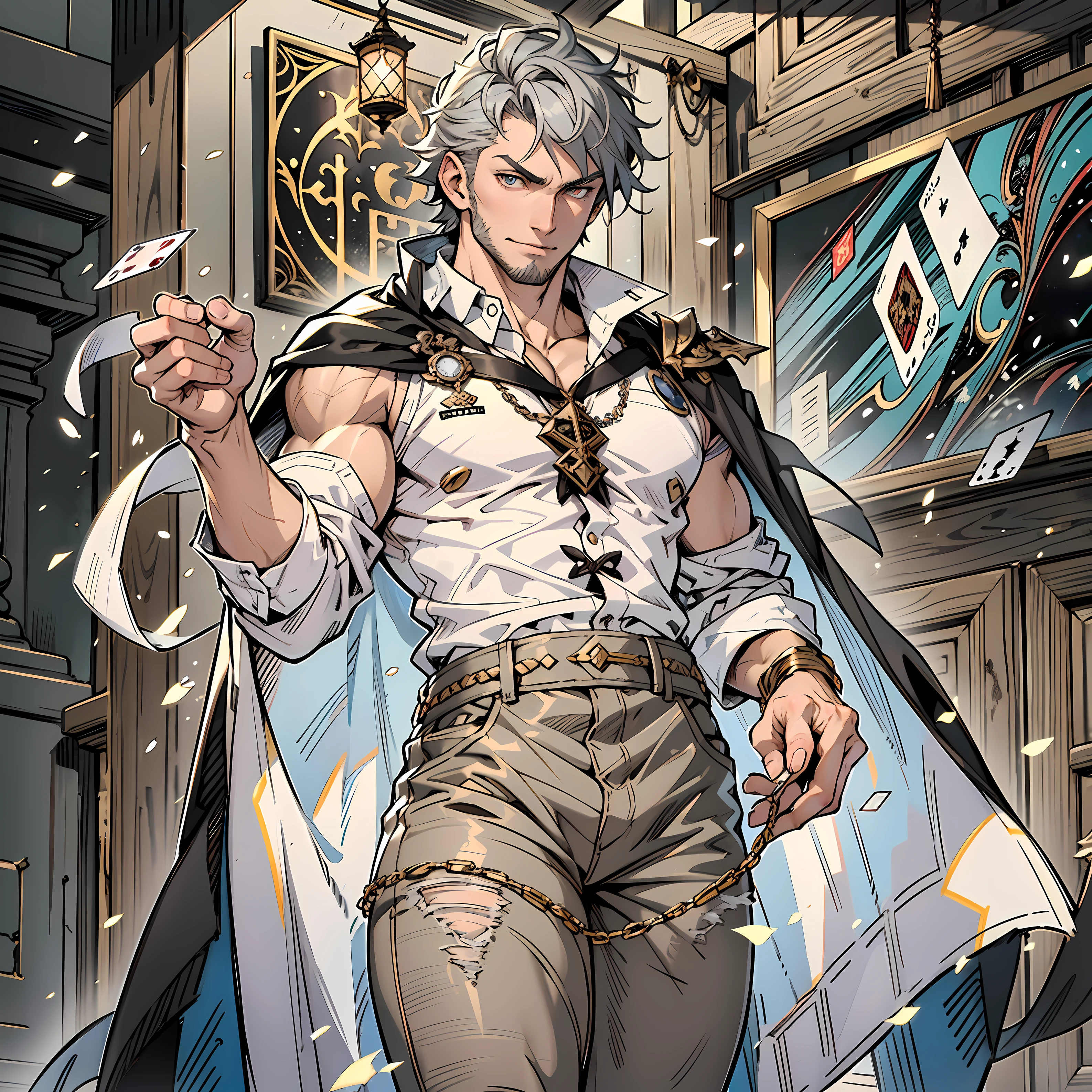 1male, solo male, adult, black scruffy stubble, cool black hair, white hair highlights, grey pupils, brown skin, handsome, semi-fit physique, tall, smirk, cocky expression. Clothing: white sleeveless button shirt, separated sleeves, dark grey coat hanging off his shoulder like a cape, black jeans, dark brown boots. Wizard aesthetic. Asian sorcerer. Battle pose. Arcana cards floating in the background. Hand is holding magic glyph. Hi res. Best quality. Masterpiece. Manhua artwork. Light Novel Character. Correct anatomy. Correct hand anatomy. Five fingers each hand. Best quality. Ultra high res drawing. Masterpiece. Best illistration.