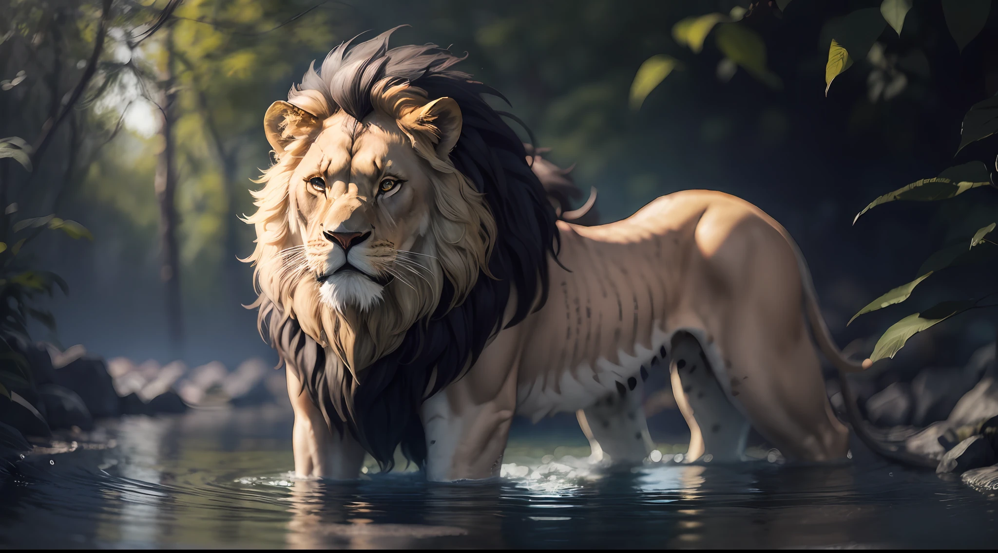 Shining lion, Obra-prima, melhor qualidade, (muito detalhado CG unificado papel de parede 8k), (melhor qualidade), (best illustration), (melhor sombra), Shining elf with shining lion, Drinking water in the pool, elementos naturais do tema floresta. Floresta misteriosa, bela floresta, natureza, cercada de flores, folhas delicadas e galhos cercados por vagalumes (elementos naturais), (tema da selva), (folhas), (galhos), (vagalumes), (particle effects) e outros 3D, octane rendering, ray tracing, super detalhado, leone --v6