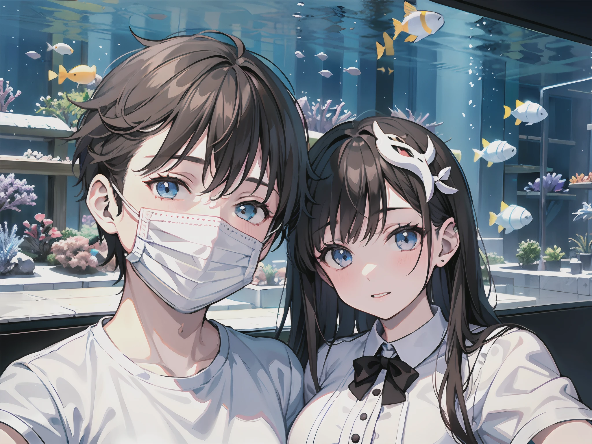 A girl with a black bow on her head and a boy with a white mask,The aquarium is in the background,Selfies,anime big breast