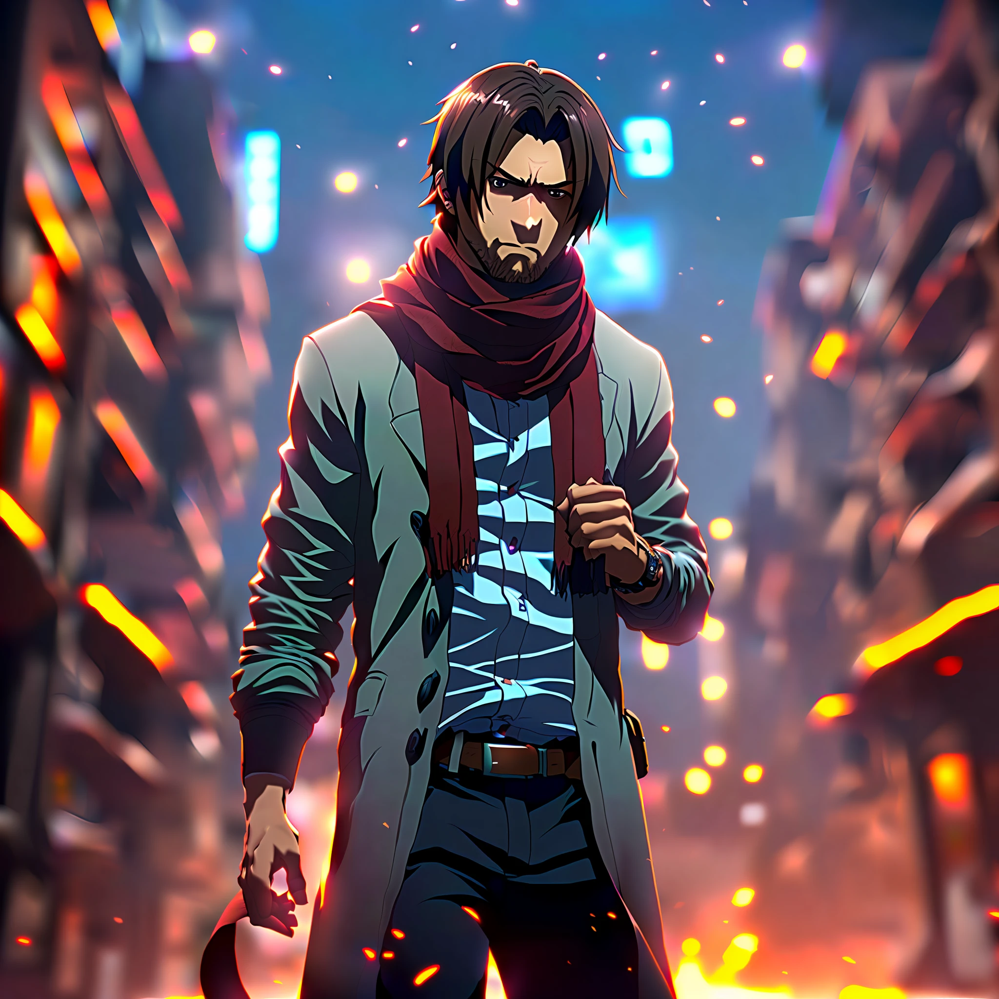 Man in scarf,with a determined look in his eyes,illusory engine, ps5 cinematic screen capture, hyper realistic anime, unreal-engine, anime cgi, Game CG,, Extremely detailed + 8K, unreal engine 5 highly rendered, 3 d anime realistic,male people