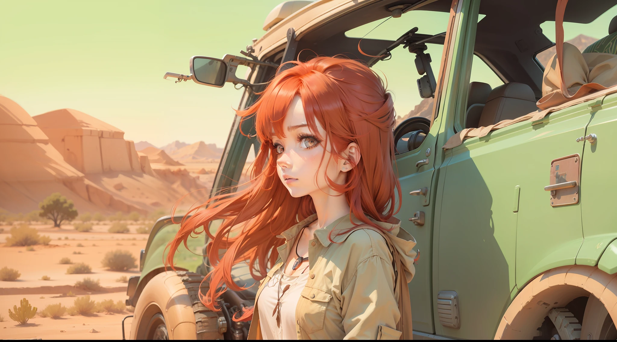 A beautiful red hair girl looks at the engine of her car that is having mechanical problems in the middle of nowhere in the desert on a road at sunny day, 2d anime style