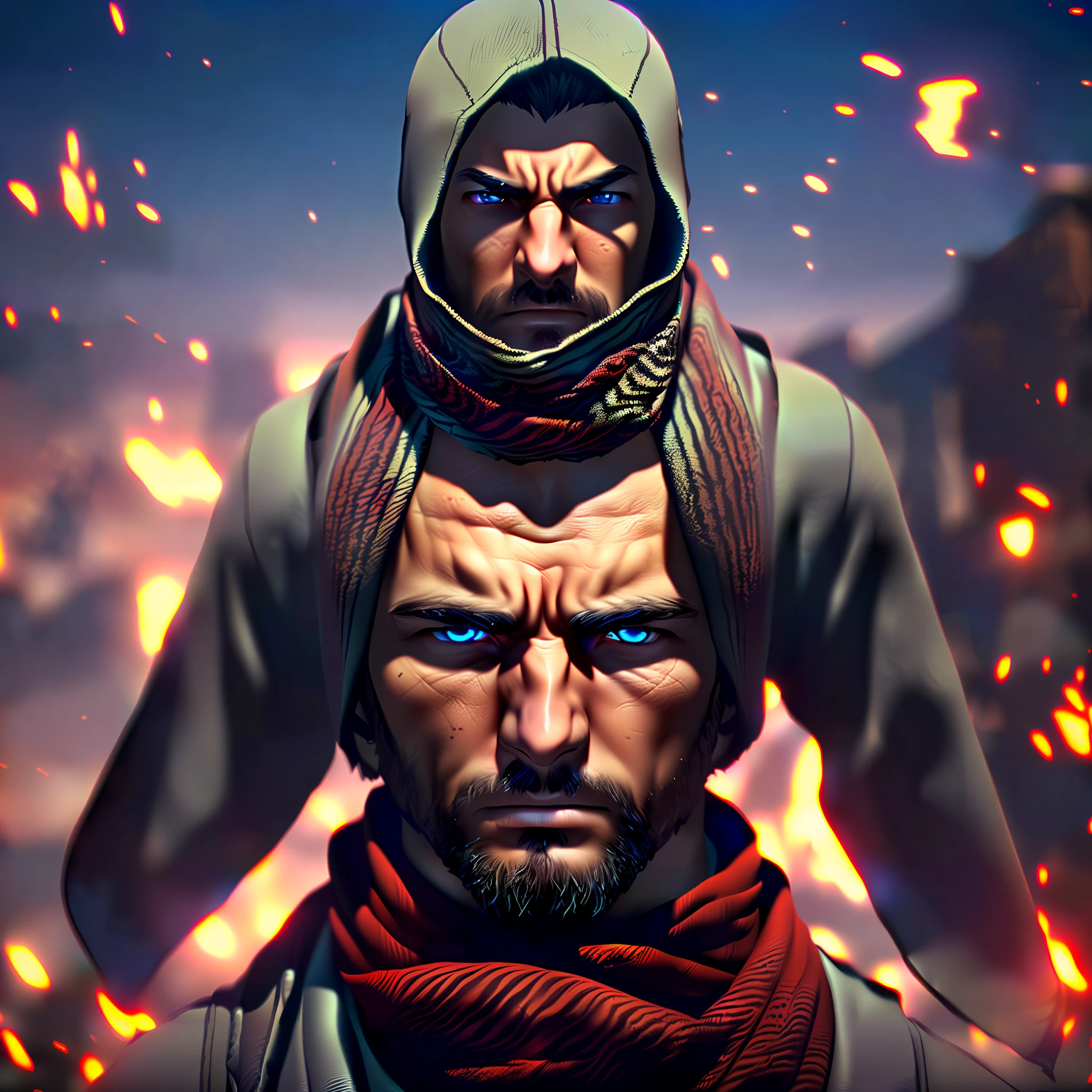 Man in scarf,with a determined look in his eyes,illusory engine, ps5 cinematic screen capture, hyper realistic anime, unreal-engine, anime cgi, Game CG,, Extremely detailed + 8K, unreal engine 5 highly rendered, 3 d anime realistic,male people