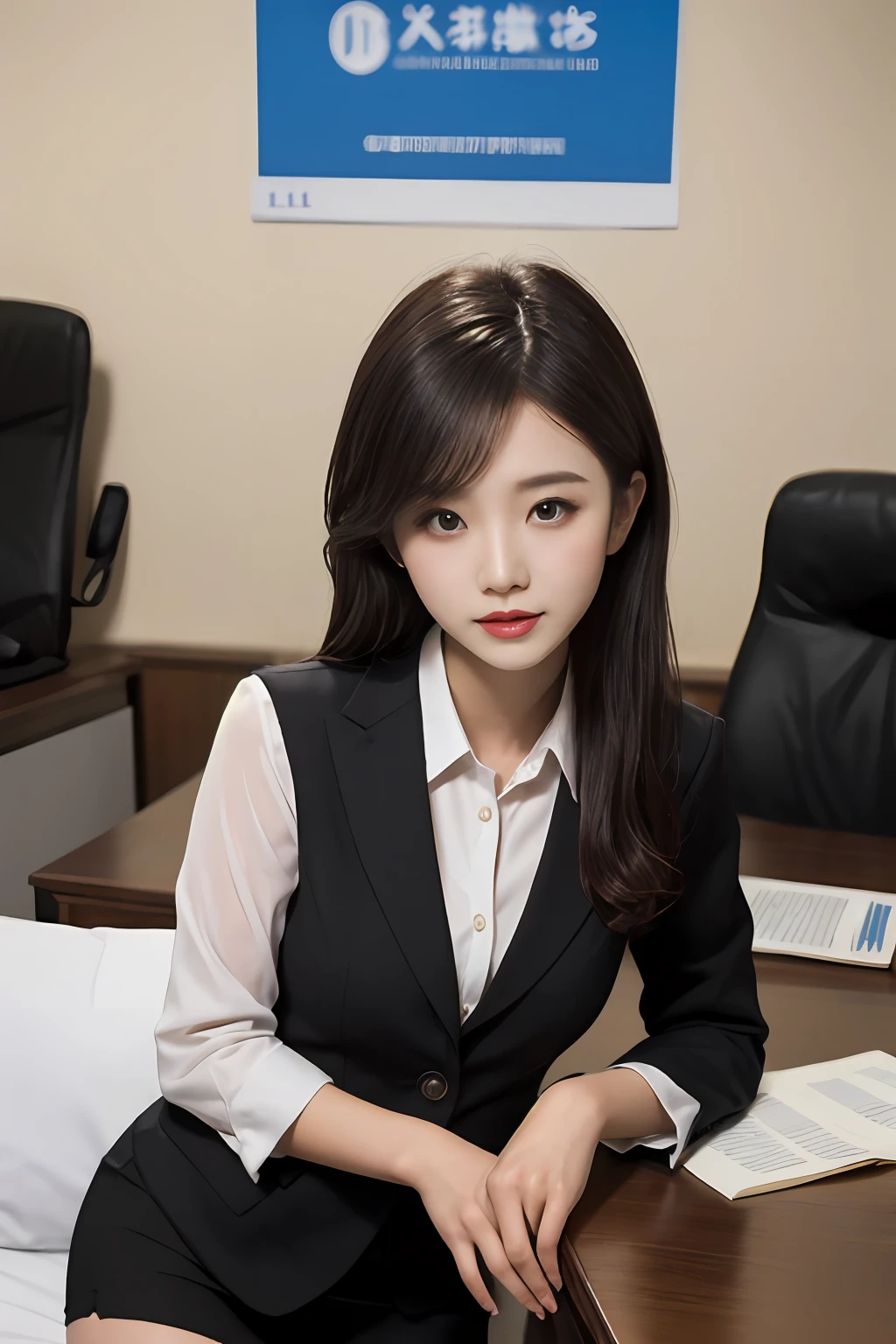 (Best quality: 1.1), (Realistic: 1.1), (Photography: 1.1), (highly details: 1.1), (1womanl), office room，Professional suits，black short skirt，black lence stockings，bent down,mix4,