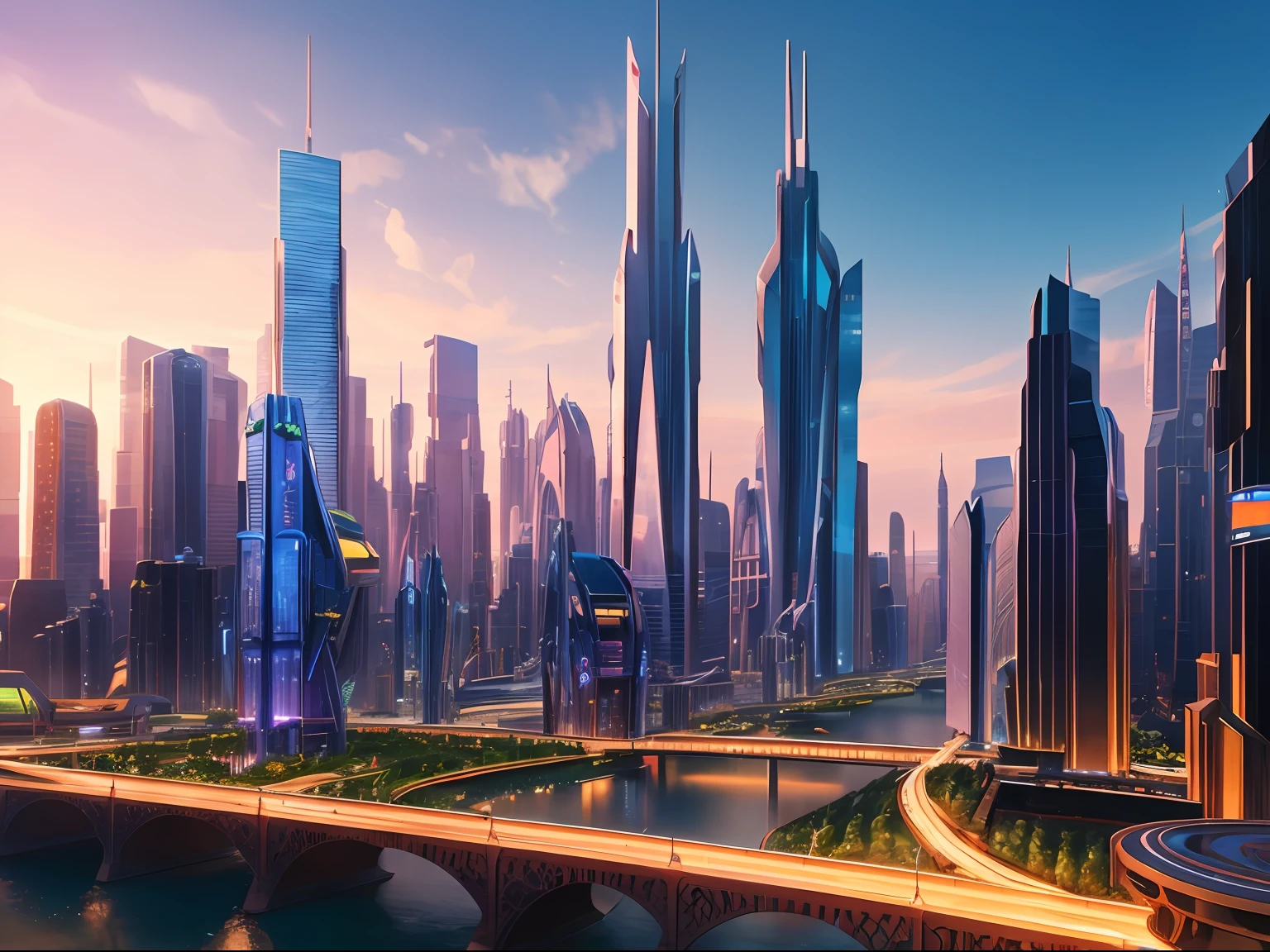 a Pixar 3D render of a superfuturistic world, taking inspiration from artist JKL. The scene showcases a meticulously detailed cityscape with futuristic architecture, advanced transportation systems, and futuristic infrastructure. The colors are vibrant and crisp, with realistic lighting and reflections. The characters in the scene exhibit a sense of awe and curiosity. The lighting is dynamic, casting realistic shadows and highlighting the intricate details.