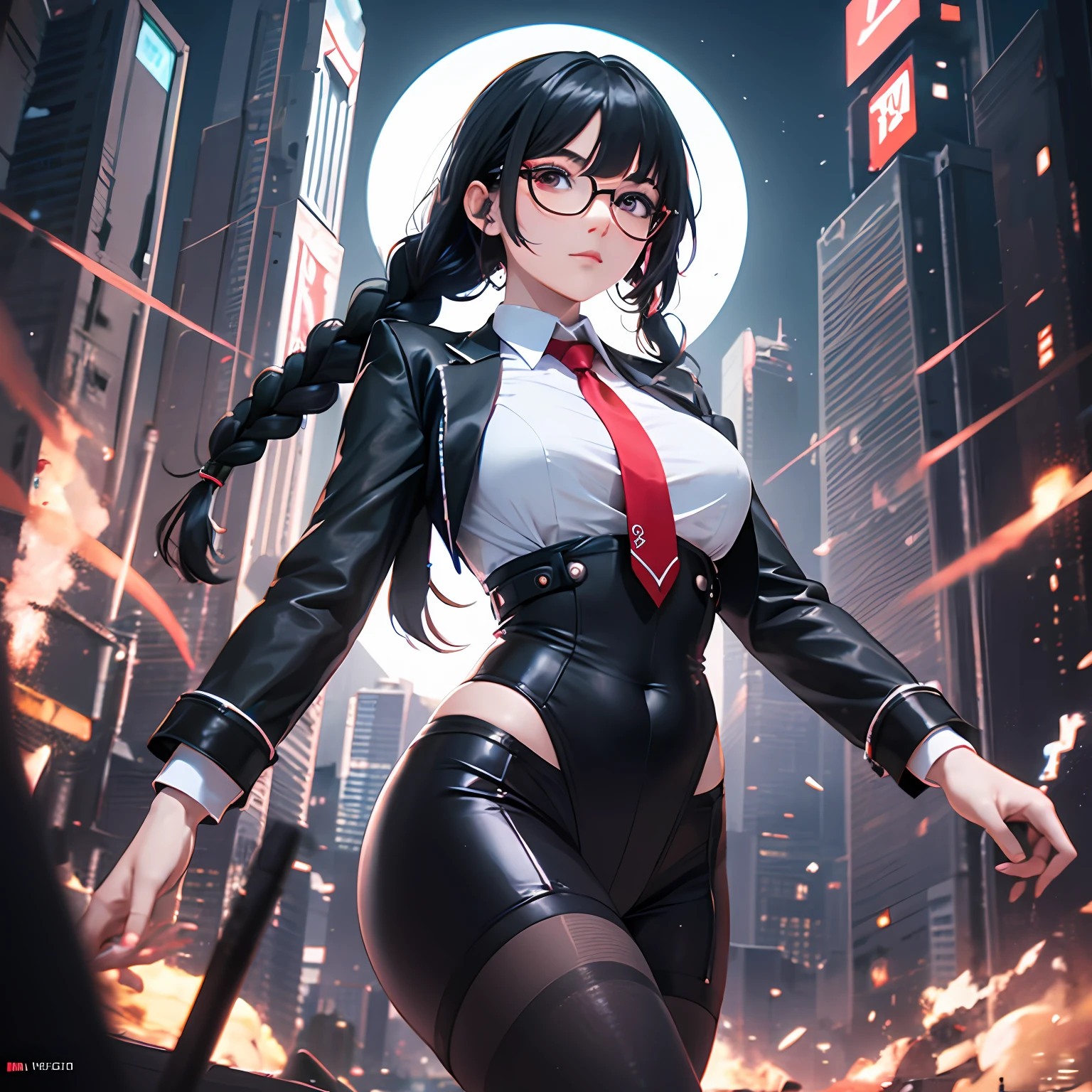 1girll,black colored hair,Twist braids,Qi bangs,red pupils,Round glasses,beauitful face,crisp breasts,Convex buttocks,in a white shirt,red necktie,Black Suit,White heels,There are missile-launched weapons floating on the sides of the body,sci-fy,Cyberpunk Personality,Perfectly proportioned, Cinematic lighting, film grains, Fuji colors, lightand shade contrast, 8K, masterpiece, Textured skin, Super Detail, high detal, High quality, hight resolution,