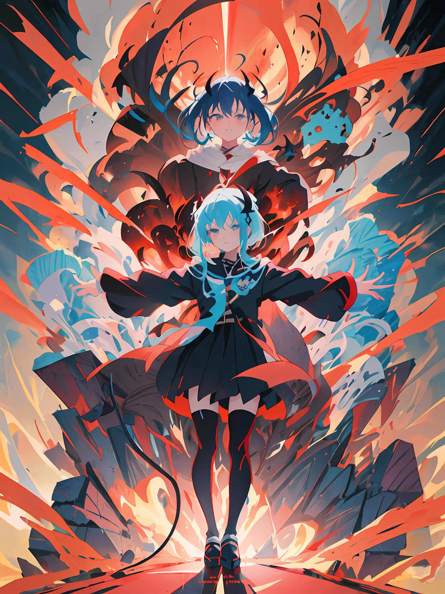 Anime girl with blue hair and black dress standing in front of a red explosion, demon anime girl, Kill Pull Kill illustration, style of anime4 K, mika kurai demon, Demon Girl, Anime epic artwork, demon slayer artstyle, Anime artwork, Anime fantasy illustration, Anime style artwork, demon slayer rui fanart, Anime fantasy artwork, zerochan art